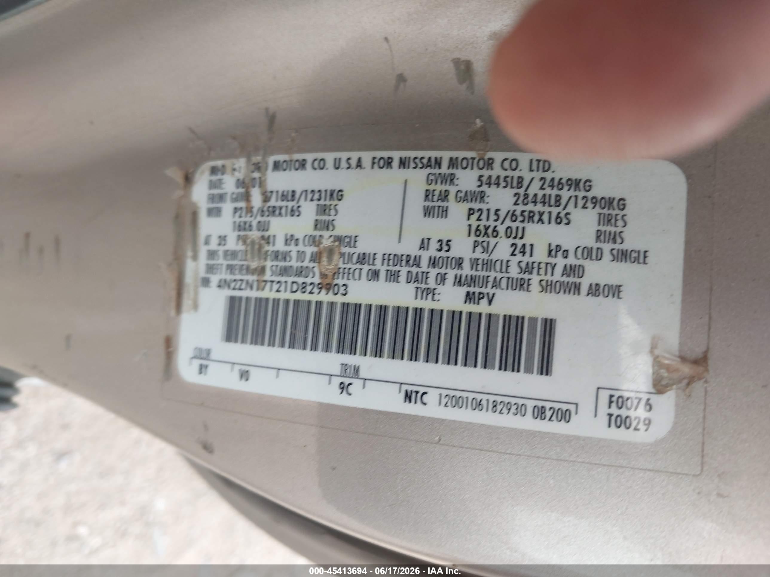 2001 Nissan Quest Gle Champagne vin: 4N2ZN17T21D829903
