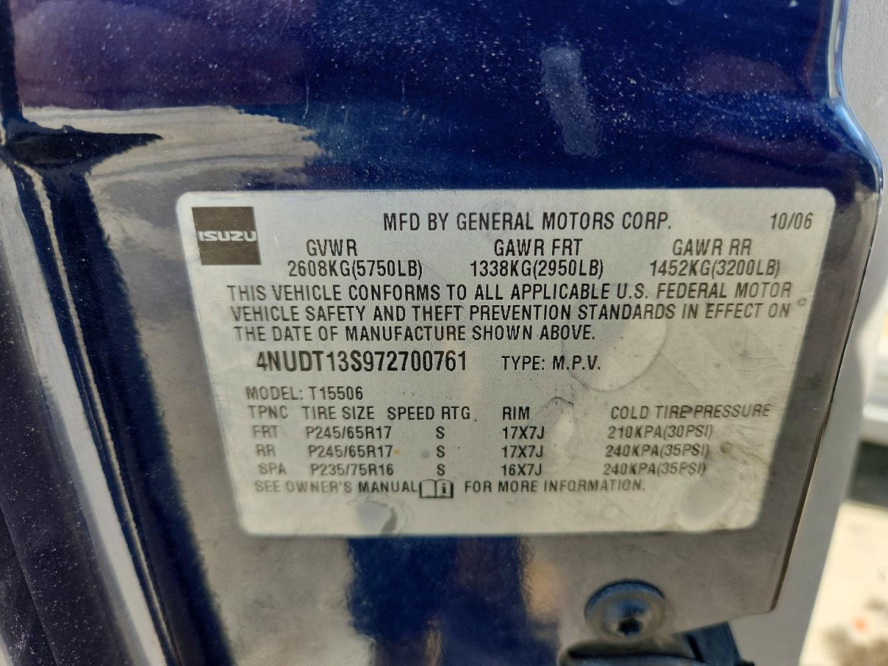 2007 Isuzu Ascender S Blue vin: 4NUDT13S972700761