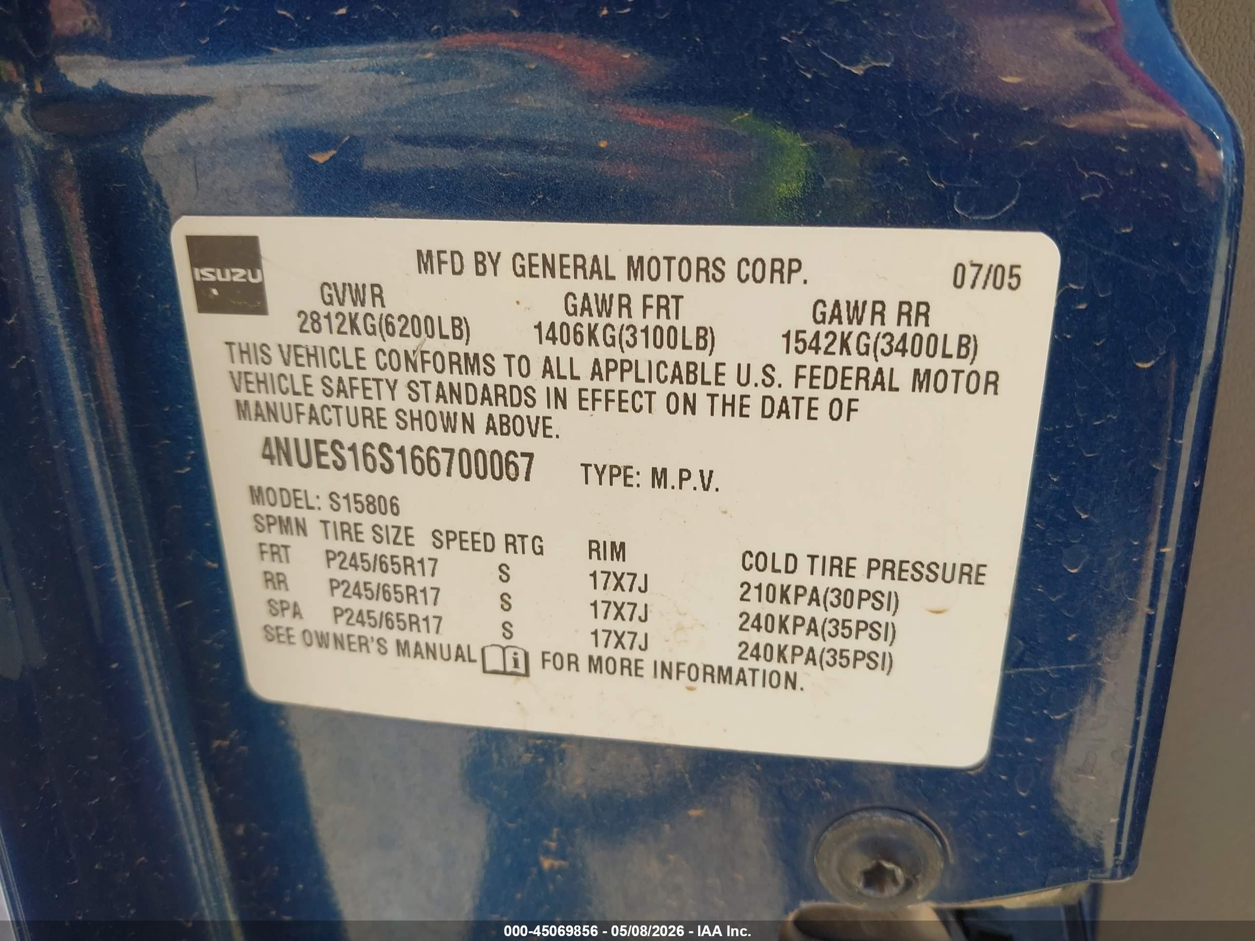 2006 Isuzu Ascender S Blue vin: 4NUES16S166700067