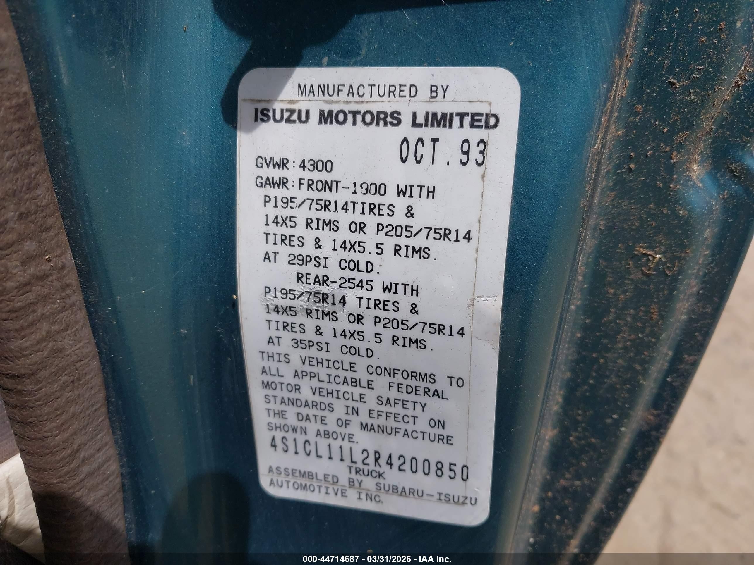 1994 Isuzu Conventional Short Wheelbase Green vin: 4S1CL11L2R4200850