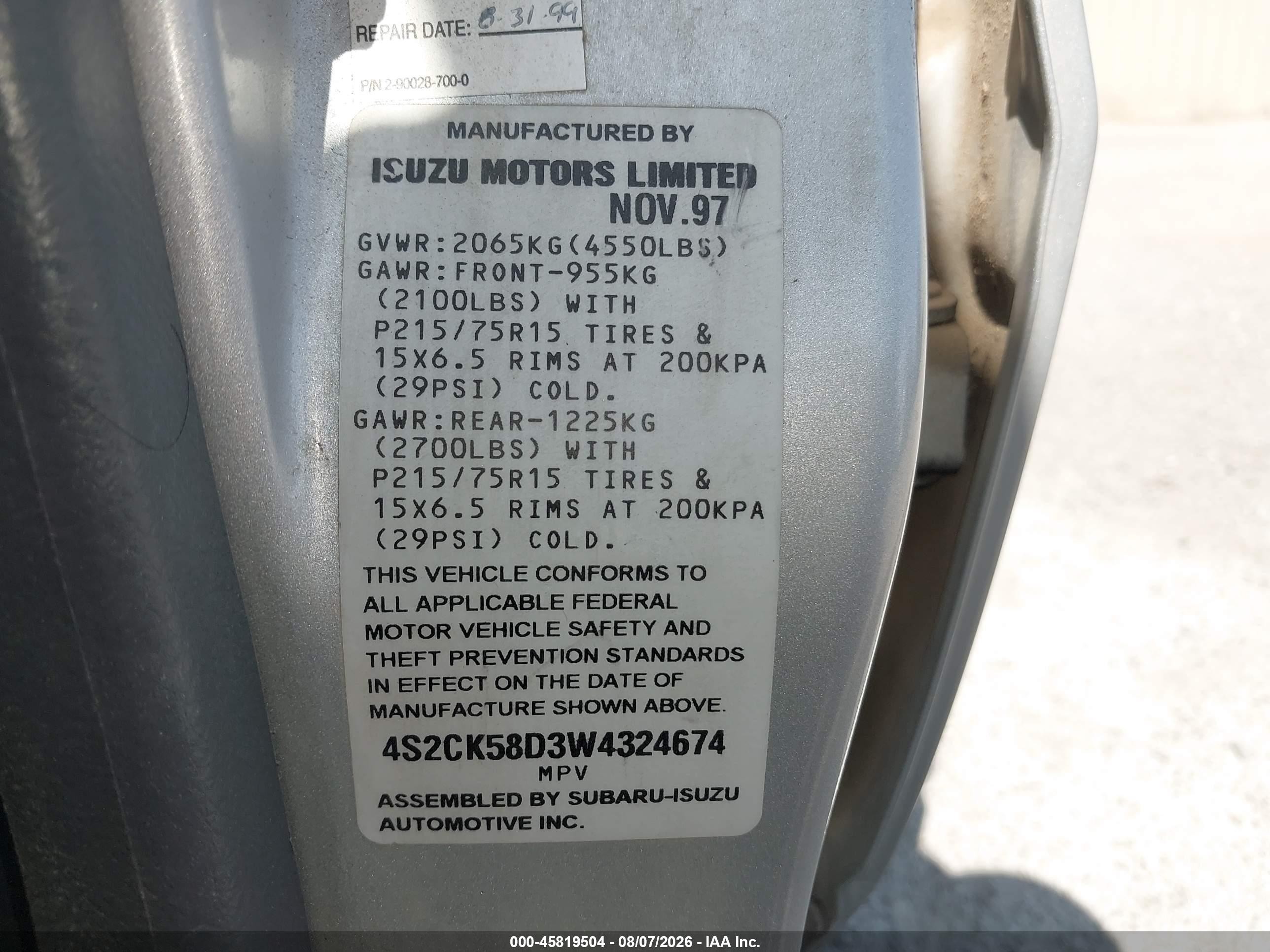 1998 Isuzu Rodeo S Silver vin: 4S2CK58D3W4324674