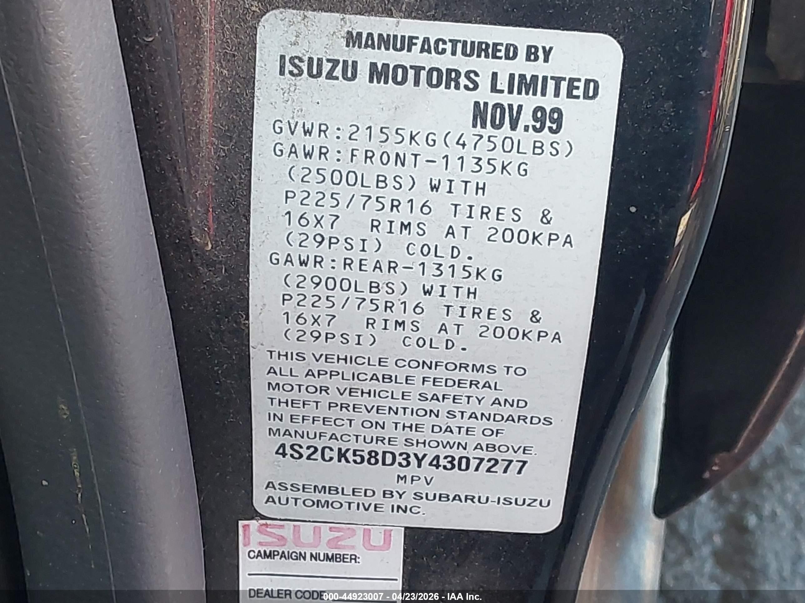 2000 Isuzu Rodeo S 2.2l Black vin: 4S2CK58D3Y4307277