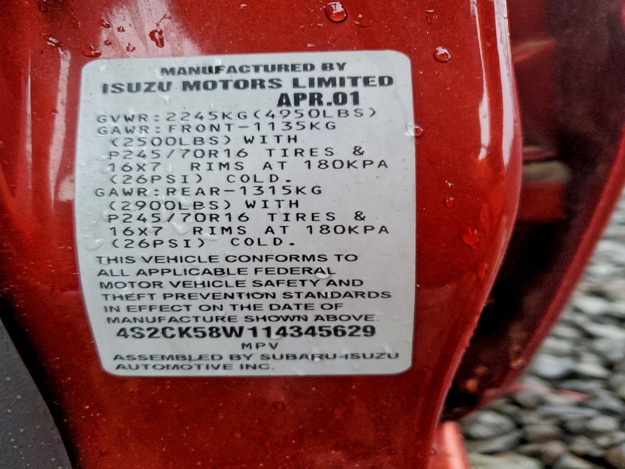 2001 Isuzu Rodeo S Red vin: 4S2CK58W114345629