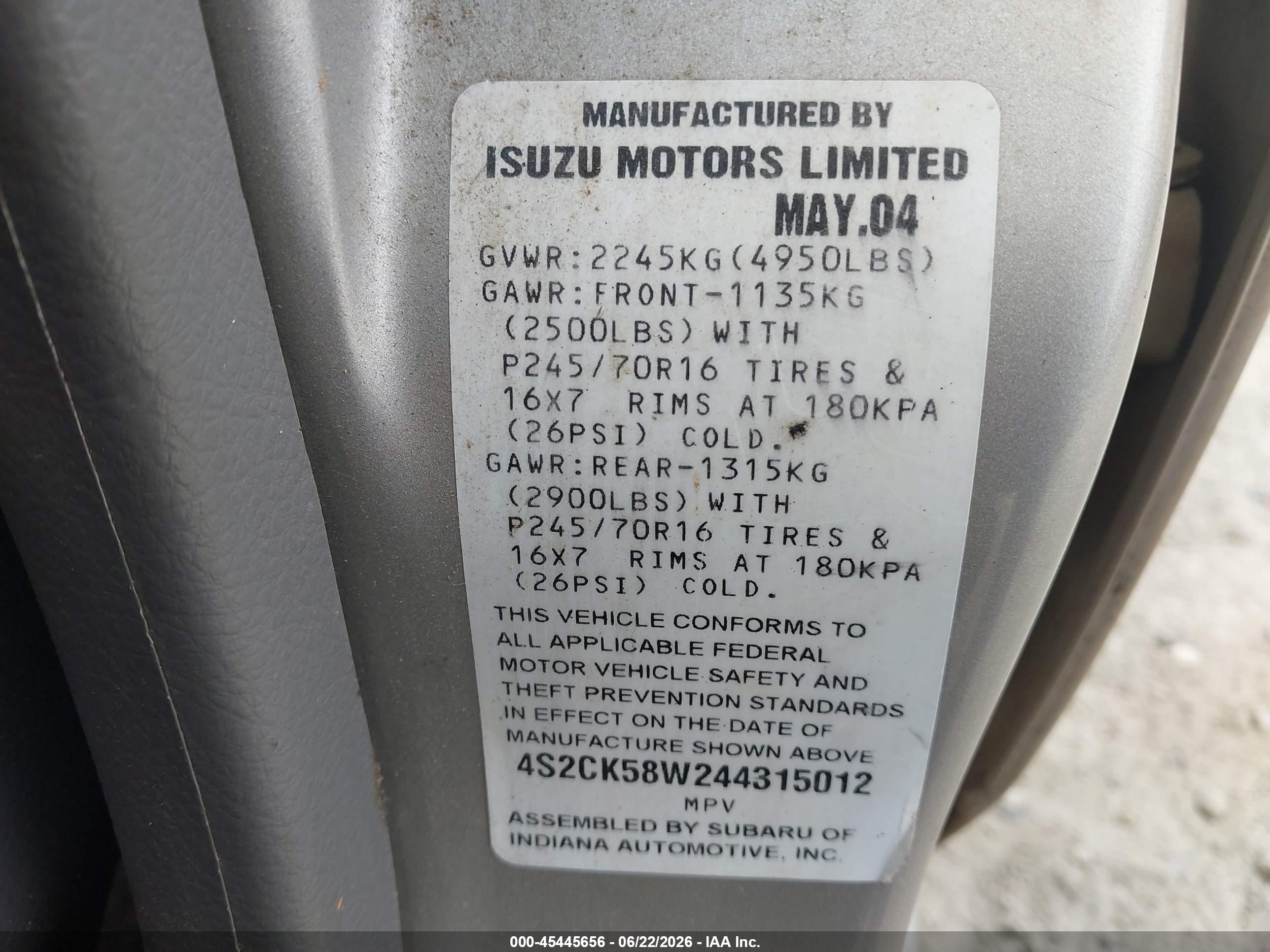 2004 Isuzu Rodeo S 3.2l V6 Gray vin: 4S2CK58W244315012
