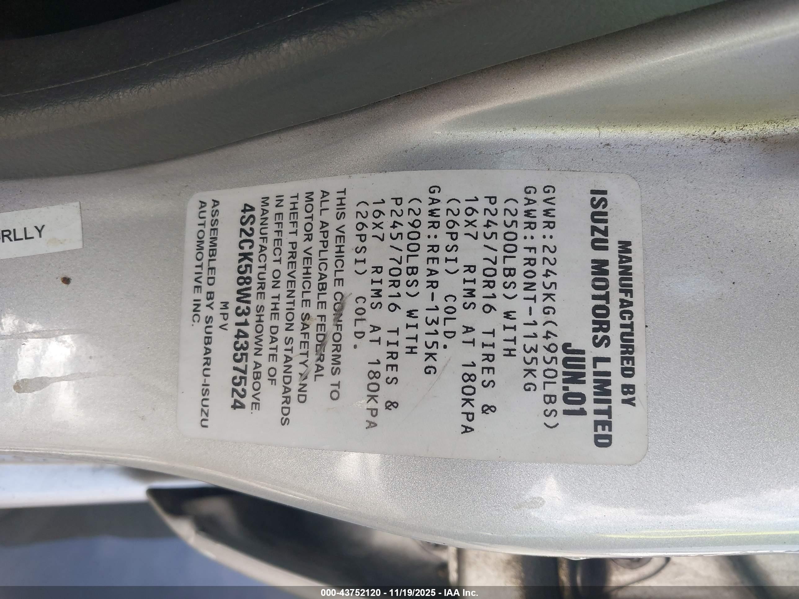 2001 Isuzu Rodeo Ls 3.2l V6/lse 3.2l V6/s 3.2l V6 Silver vin: 4S2CK58W314357524
