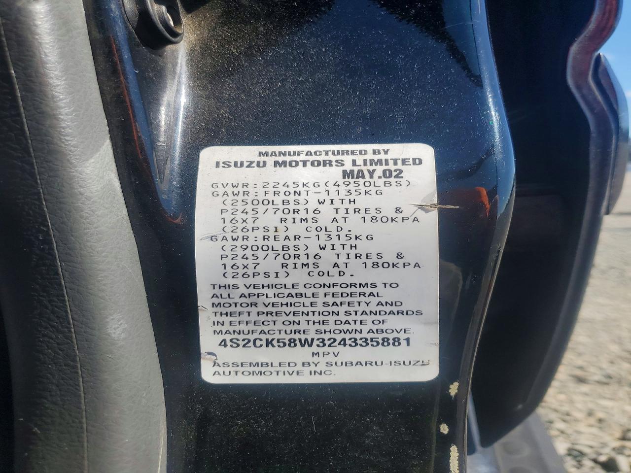 2002 Isuzu Rodeo S Black vin: 4S2CK58W324335881