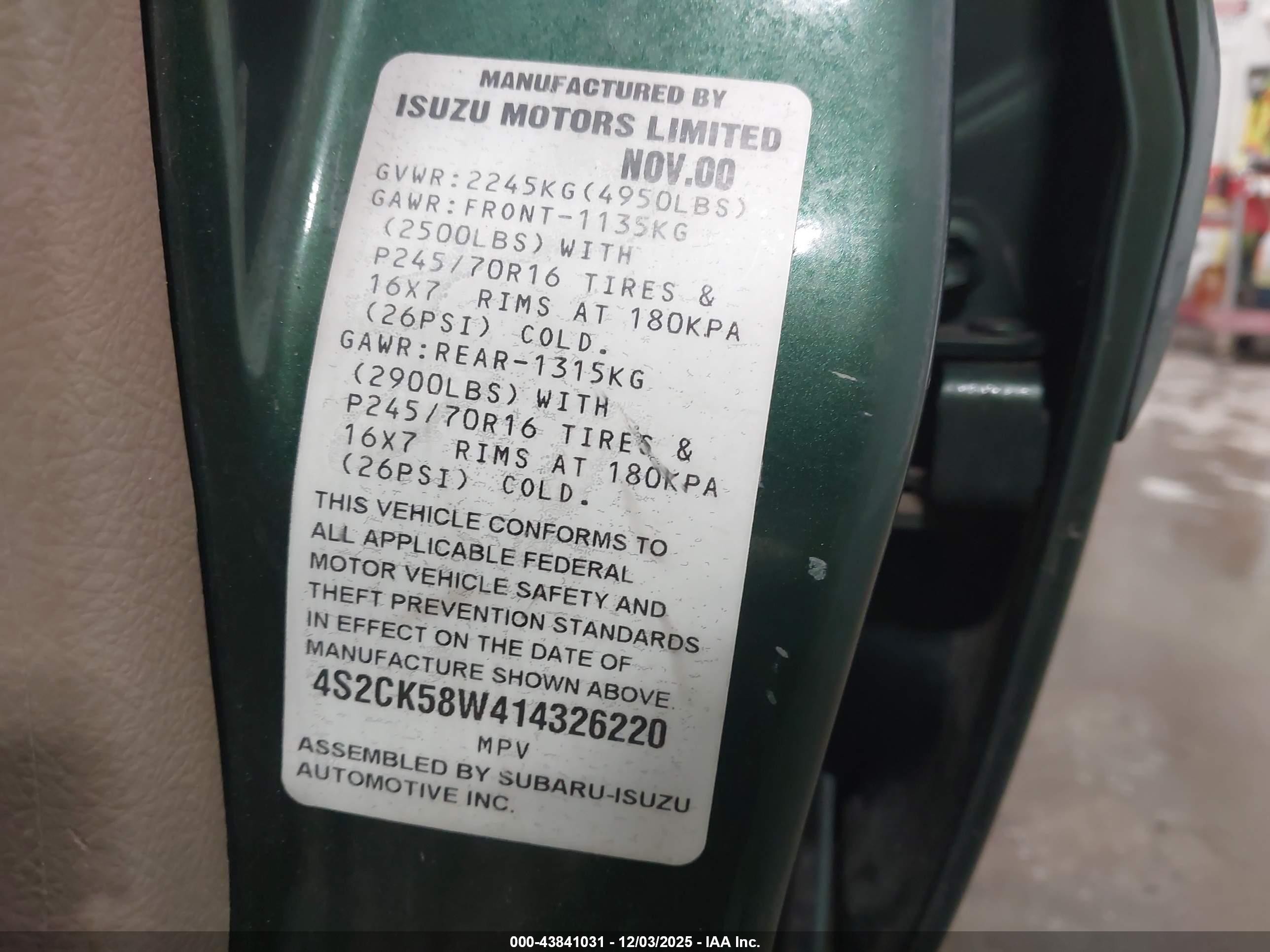 2001 Isuzu Rodeo Ls 3.2l V6/lse 3.2l V6/s 3.2l V6 Green vin: 4S2CK58W414326220