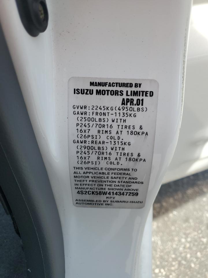 2001 Isuzu Rodeo S White vin: 4S2CK58W414347259