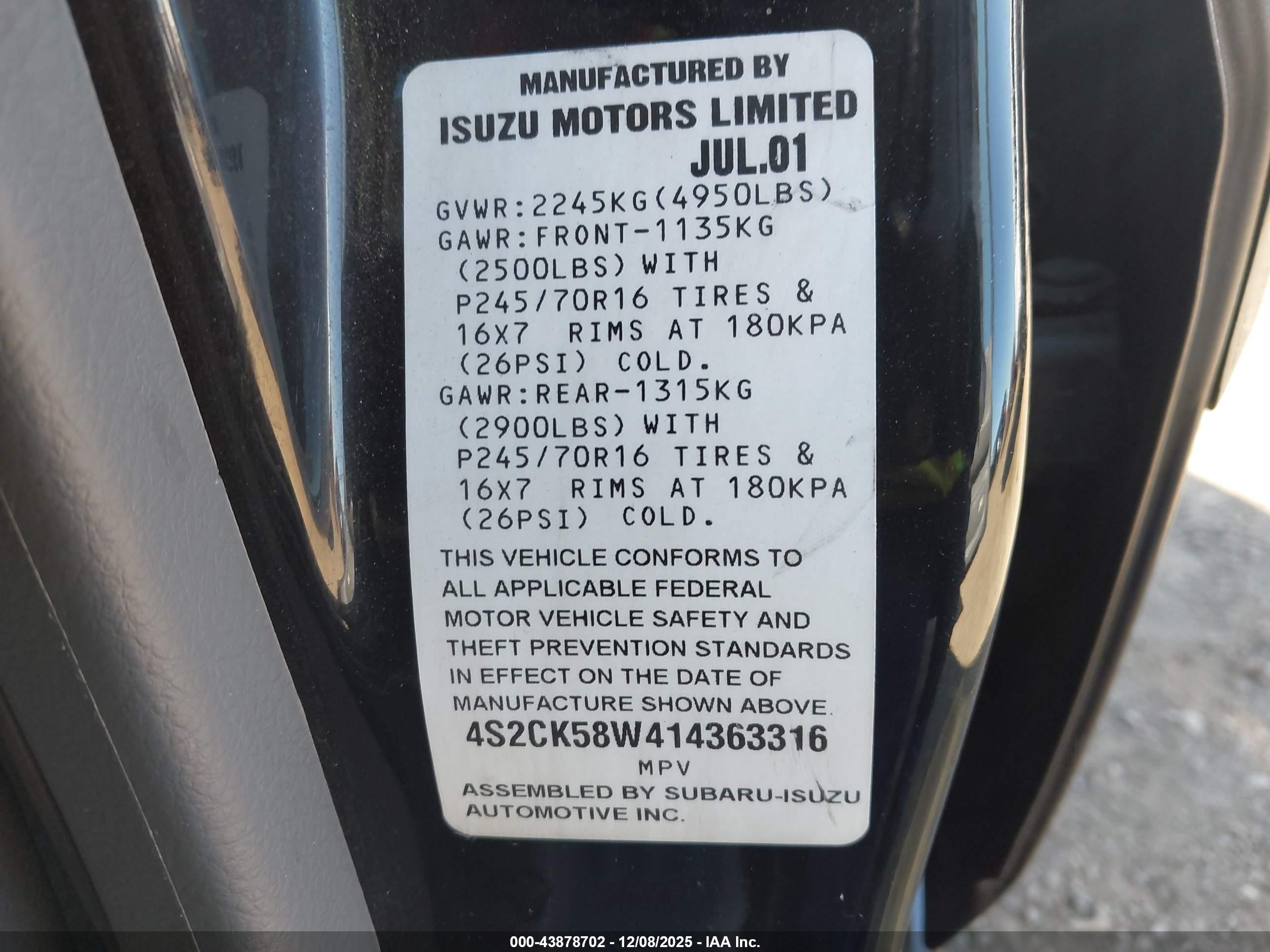 2001 Isuzu Rodeo Ls 3.2l V6/lse 3.2l V6/s 3.2l V6 Black vin: 4S2CK58W414363316