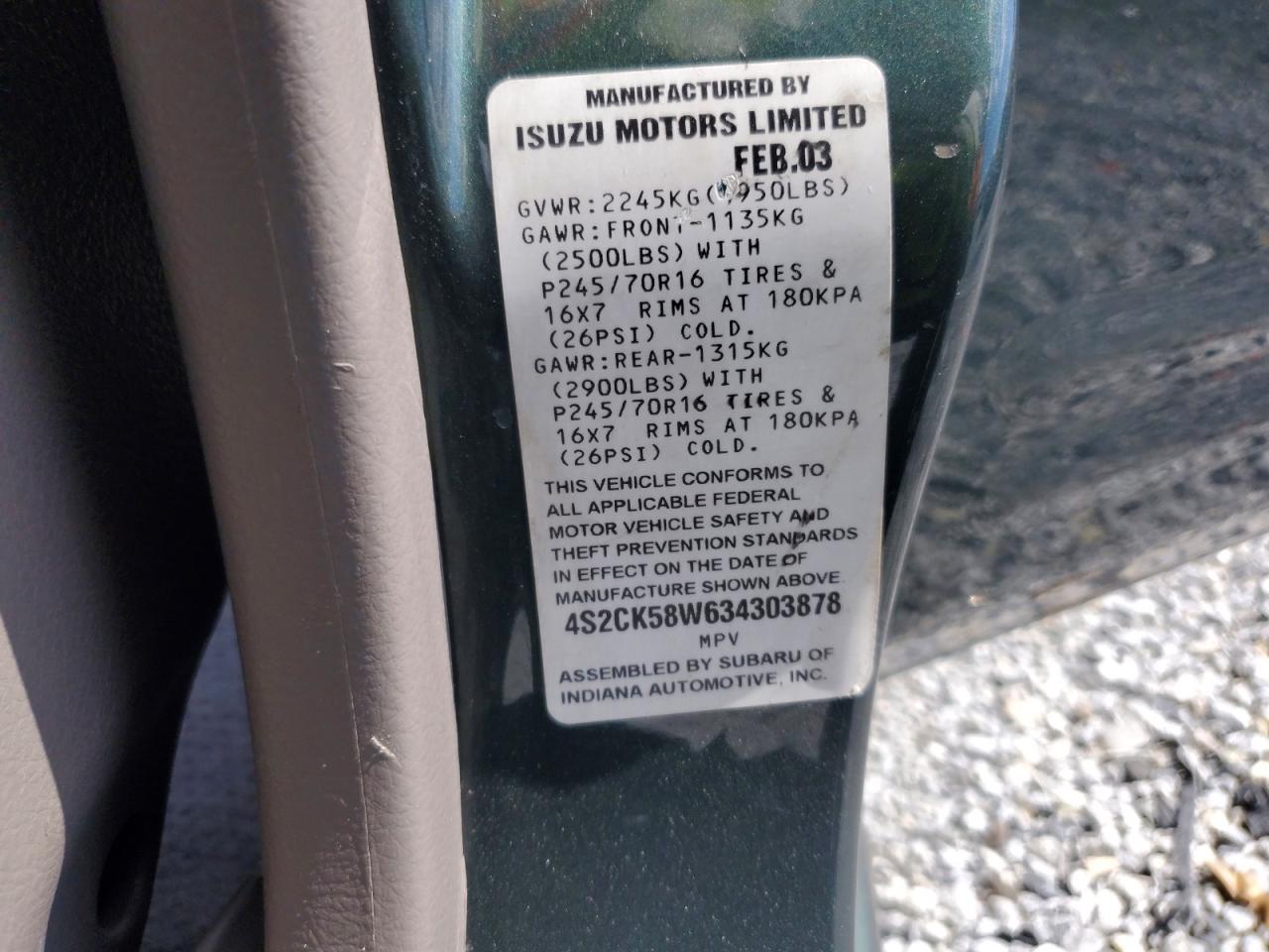 2003 Isuzu Rodeo S Green vin: 4S2CK58W634303878