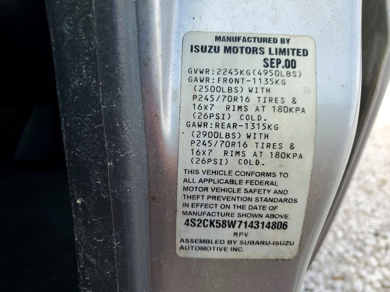 2001 Isuzu Rodeo S Серебряный vin: 4S2CK58W714314806