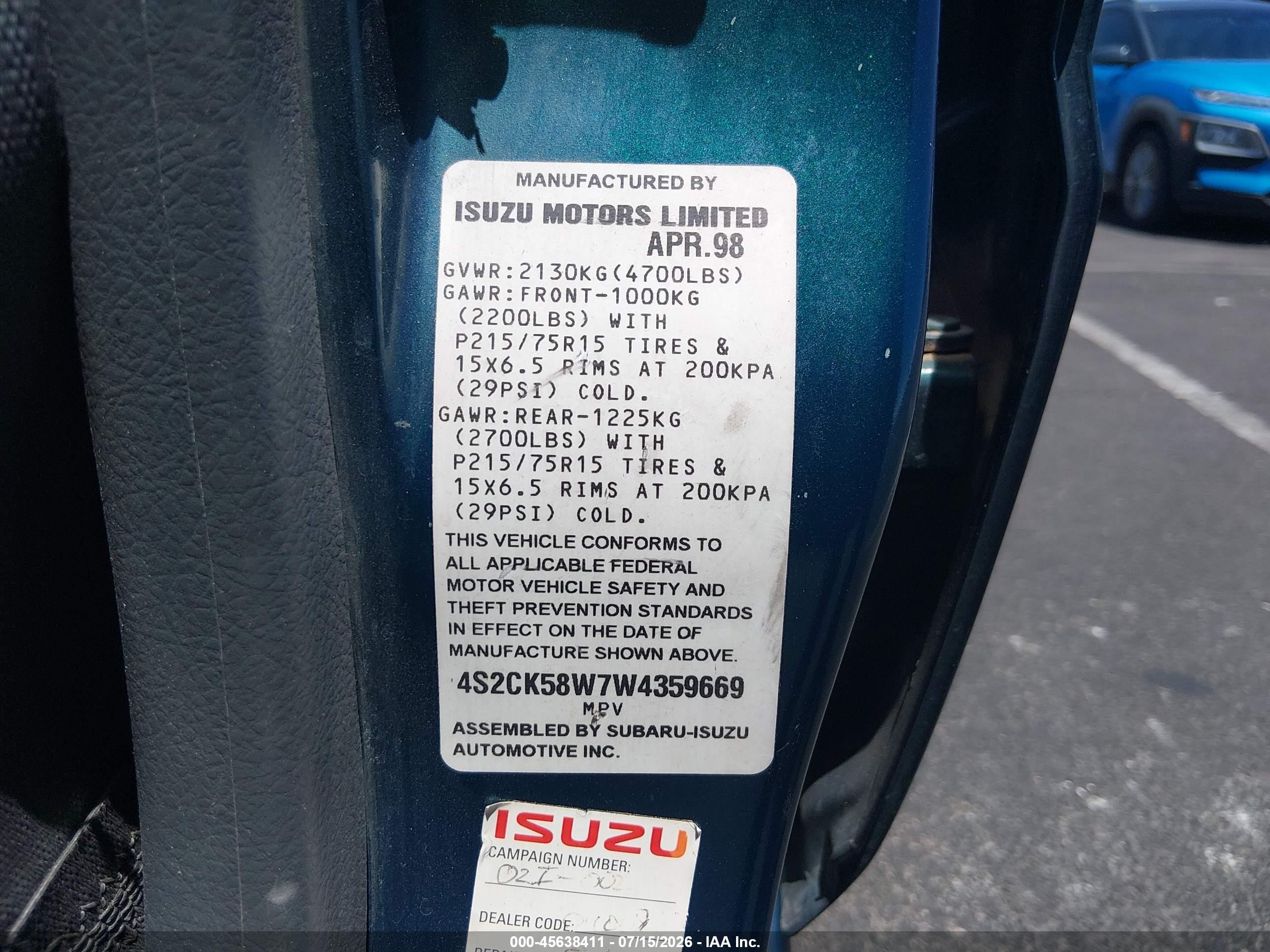 1998 Isuzu Rodeo Ls/s Turquoise vin: 4S2CK58W7W4359669