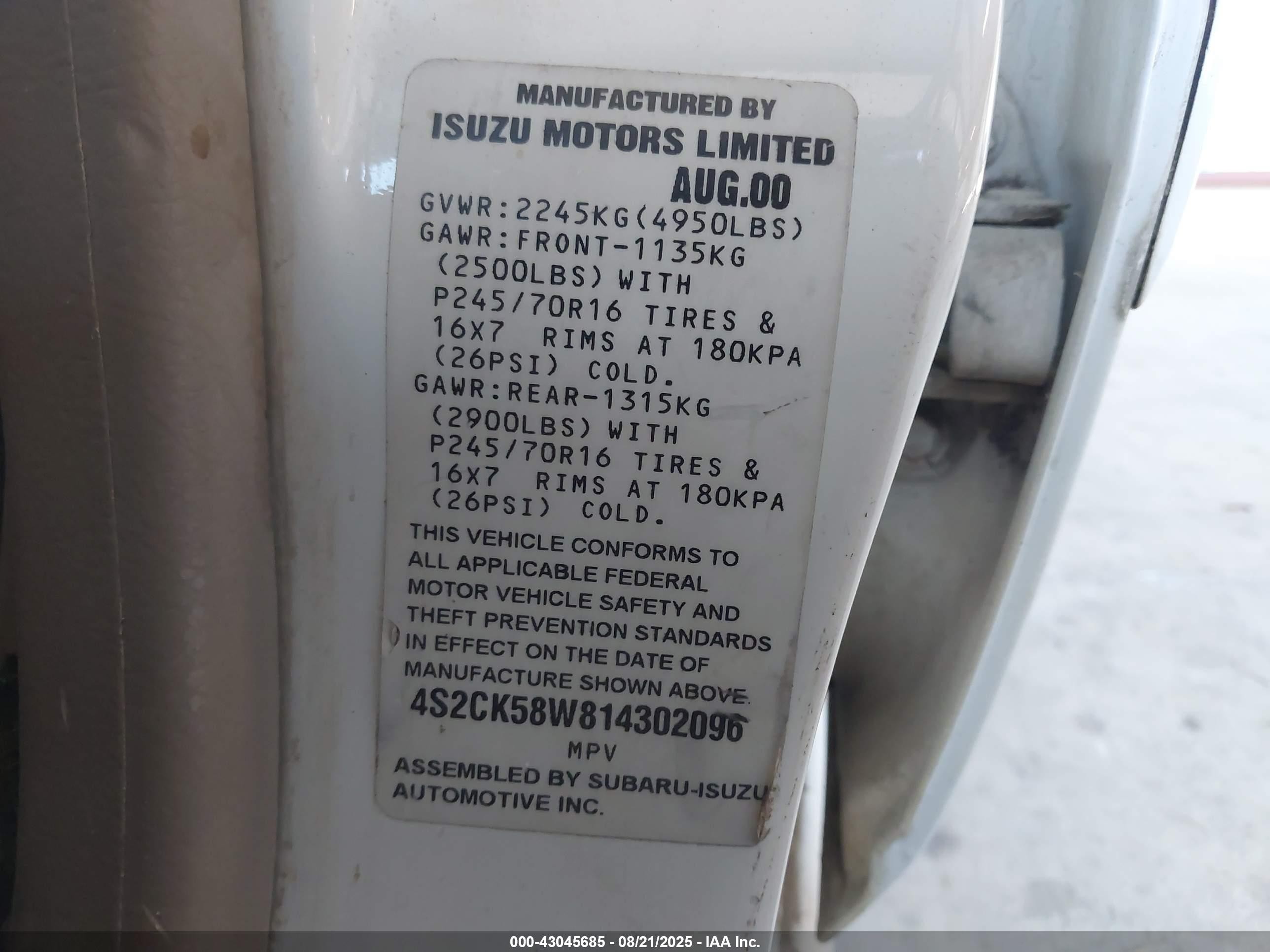 2001 Isuzu Rodeo Ls 3.2l V6/lse 3.2l V6/s 3.2l V6 White vin: 4S2CK58W814302096