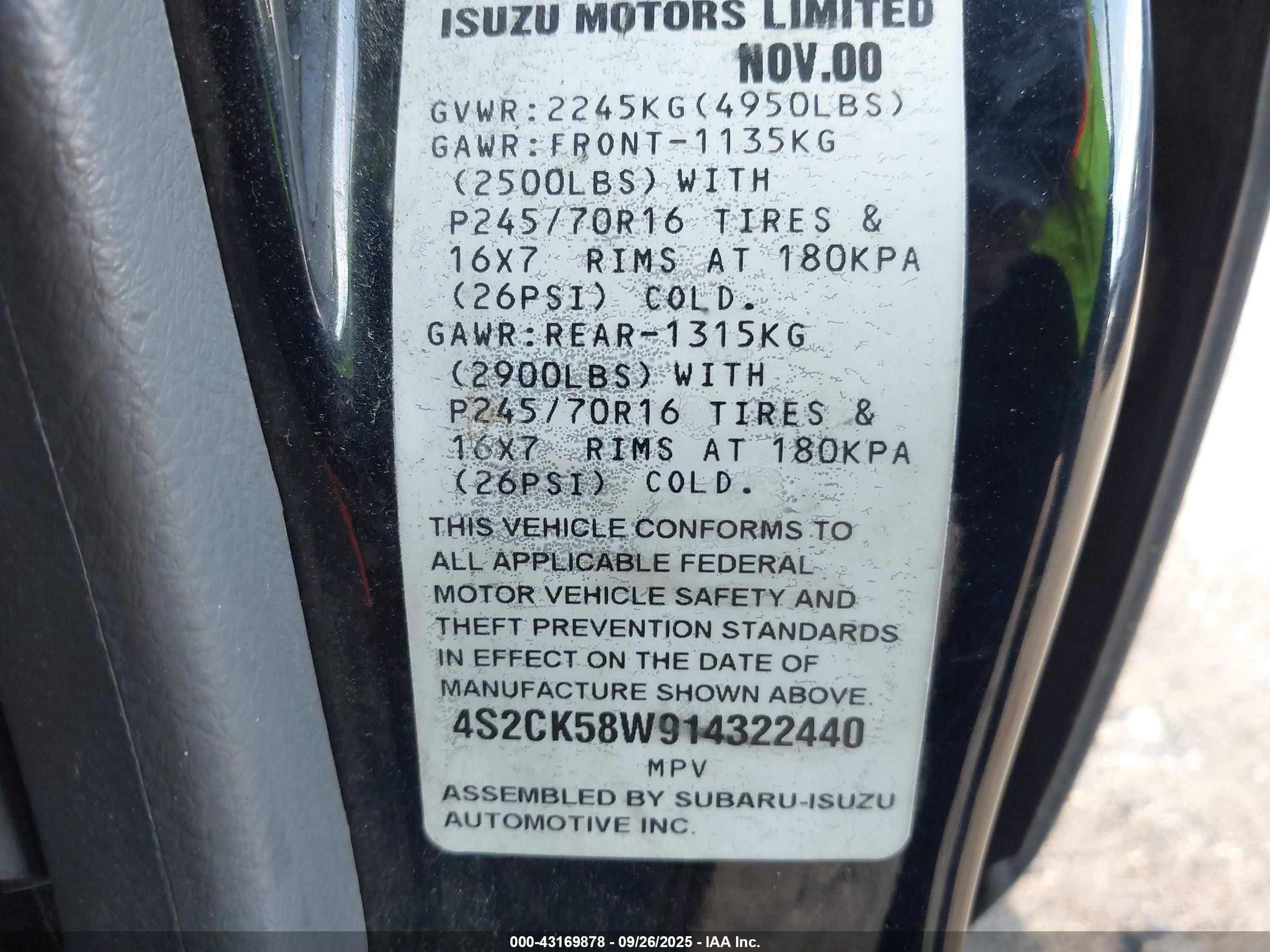 2001 Isuzu Rodeo Ls 3.2l V6/lse 3.2l V6/s 3.2l V6 Black vin: 4S2CK58W914322440