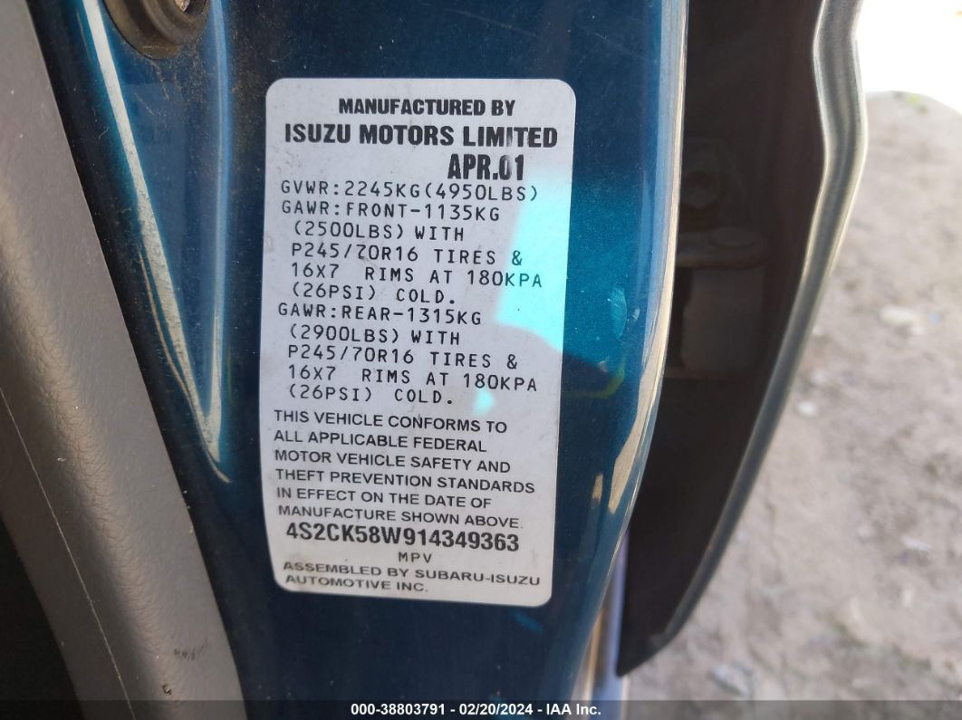 2001 Isuzu Rodeo Ls 3.2l V6/lse 3.2l V6/s 3.2l V6 Blue vin: 4S2CK58W914349363