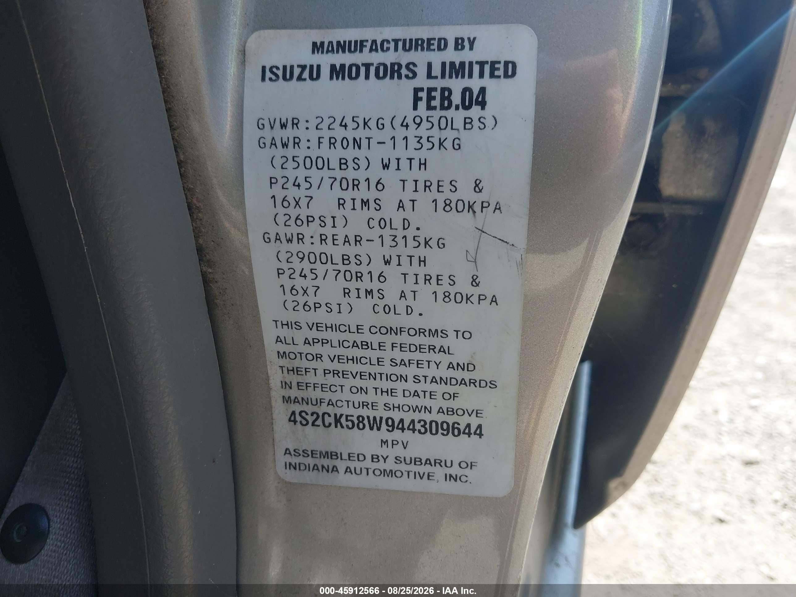 2004 Isuzu Rodeo S 3.2l V6 Gold vin: 4S2CK58W944309644