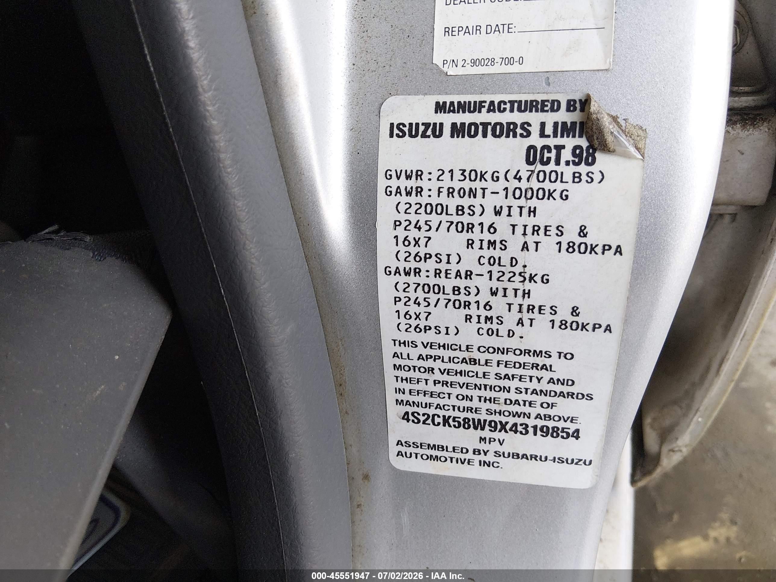 1999 Isuzu Rodeo Ls/lse/s 3.2l Silver vin: 4S2CK58W9X4319854