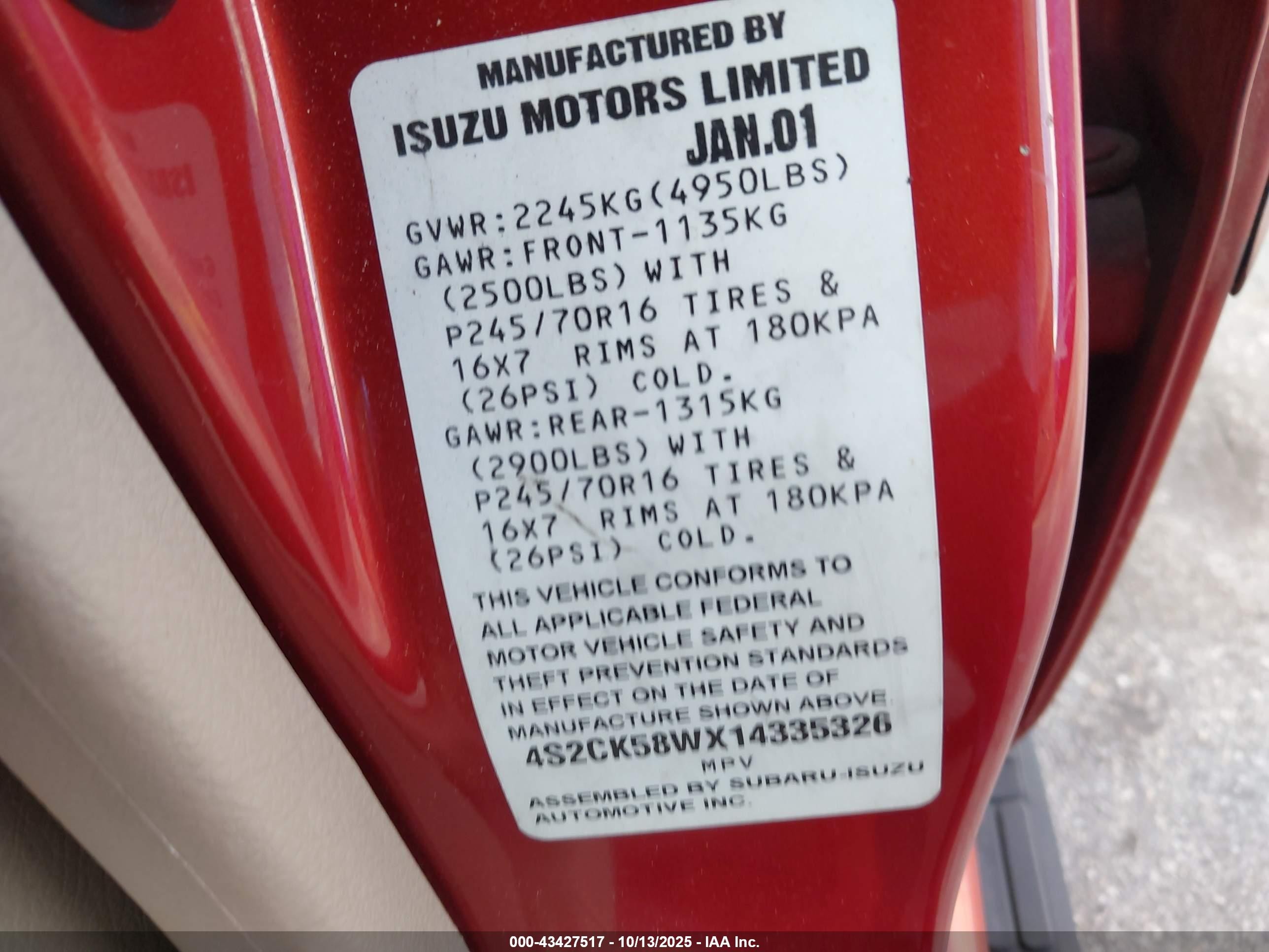 2001 Isuzu Rodeo Ls 3.2l V6/lse 3.2l V6/s 3.2l V6 Red vin: 4S2CK58WX14335326