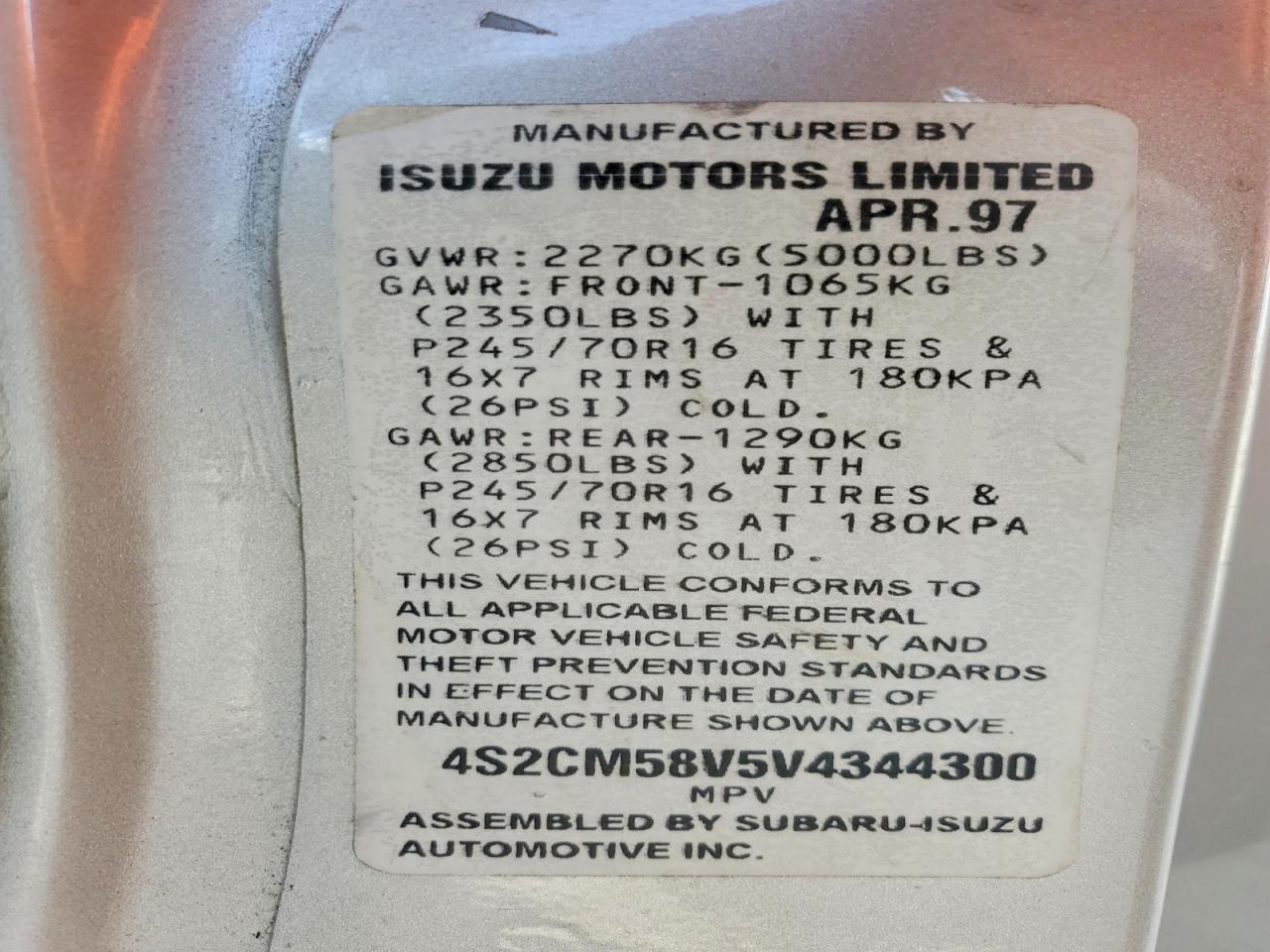 1997 Isuzu Rodeo S Silver vin: 4S2CM58V5V4344300