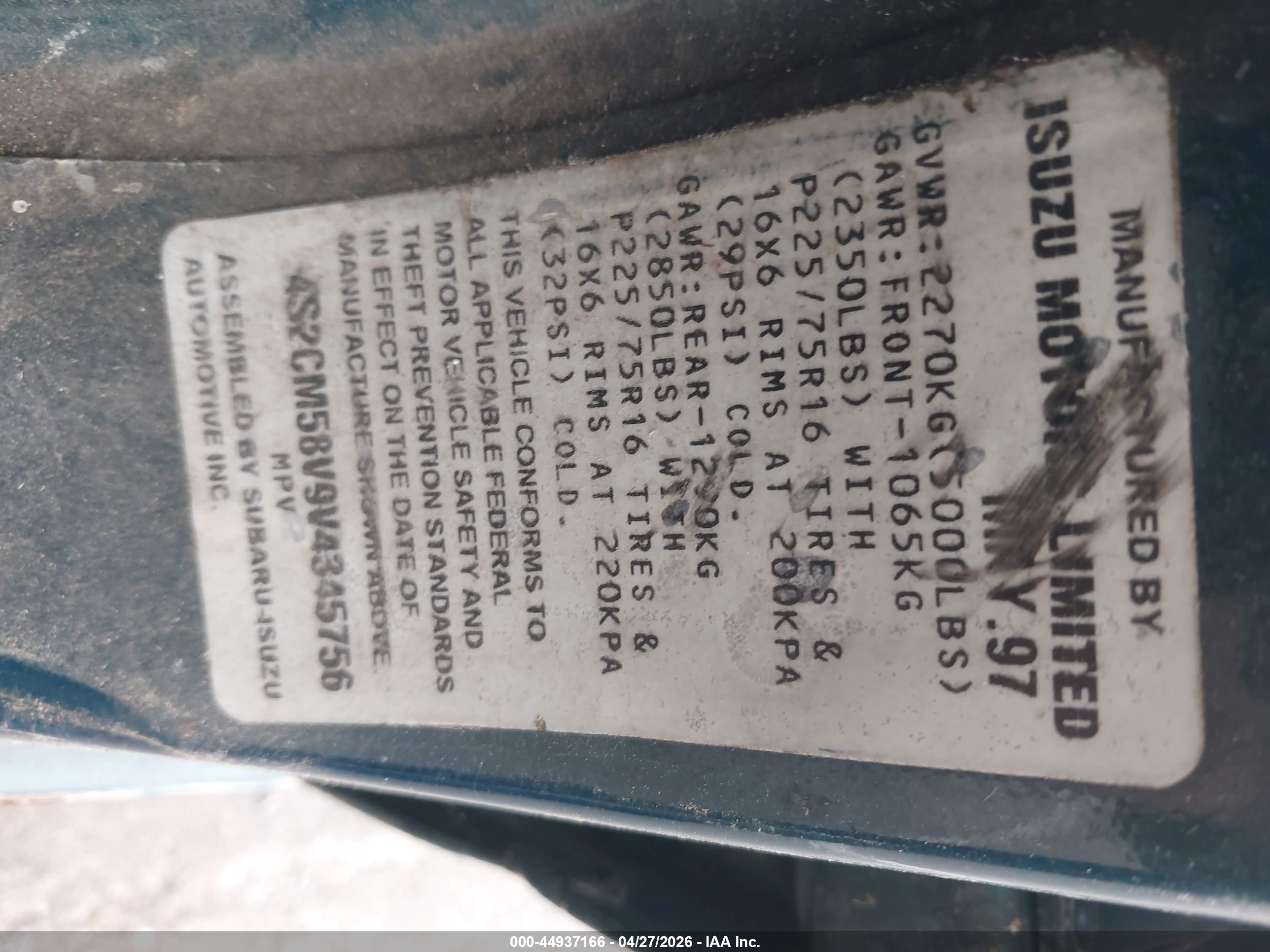 1997 Isuzu Rodeo Ls 3.2l/s 3.2l Green vin: 4S2CM58V9V4345756
