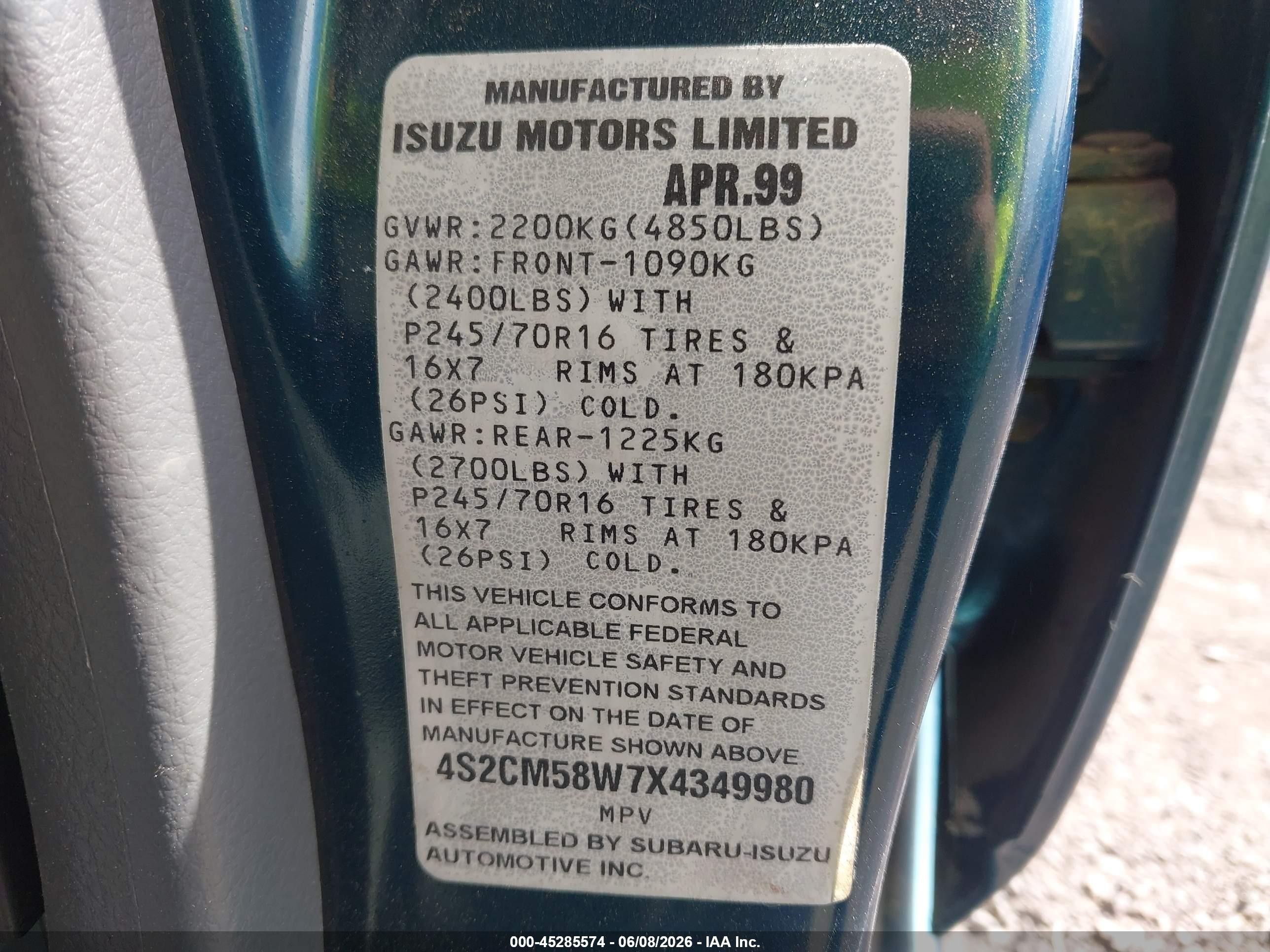 1999 Isuzu Rodeo Ls/lse/s Green vin: 4S2CM58W7X4349980