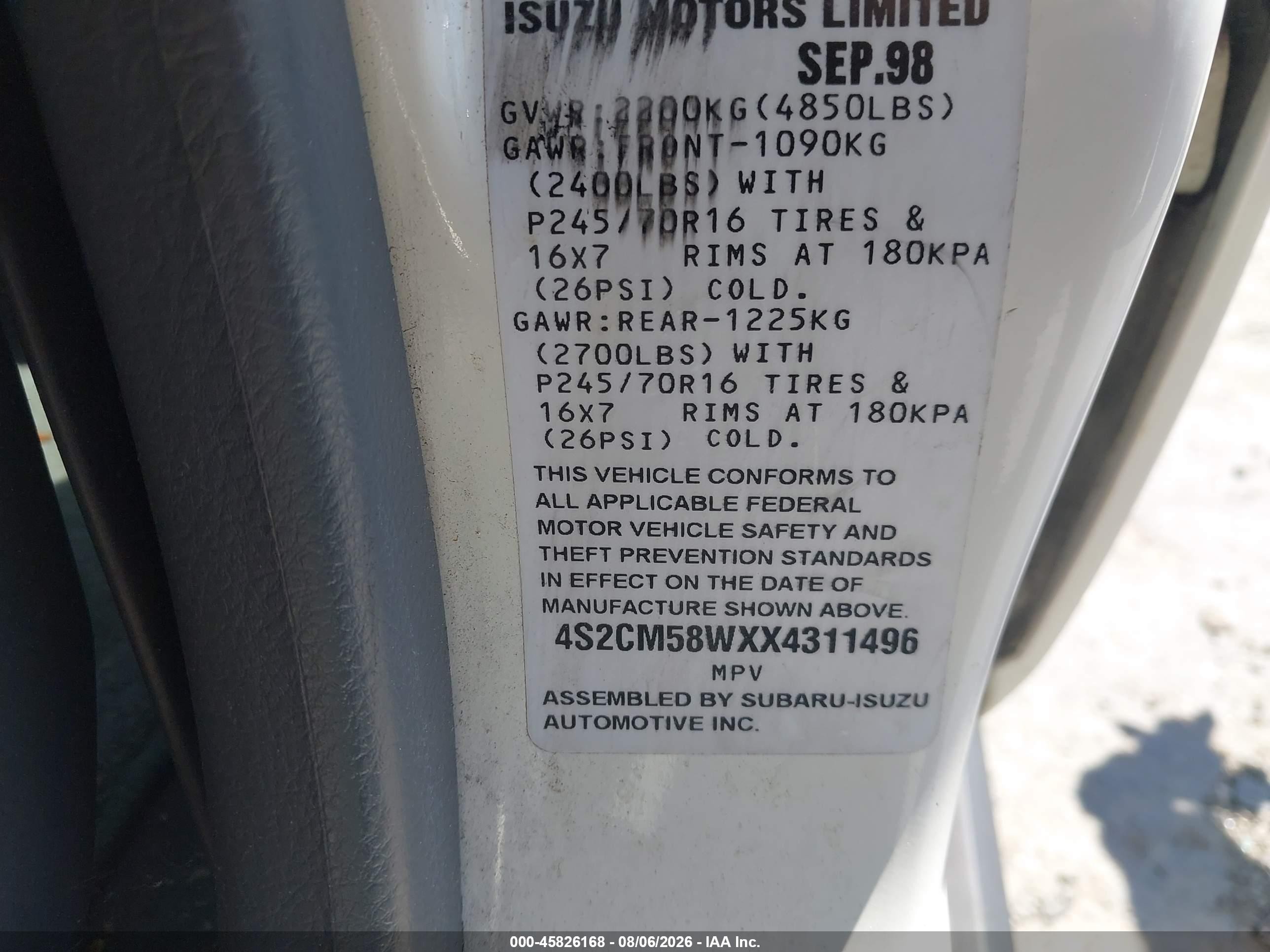 1999 Isuzu Rodeo Ls/lse/s White vin: 4S2CM58WXX4311496