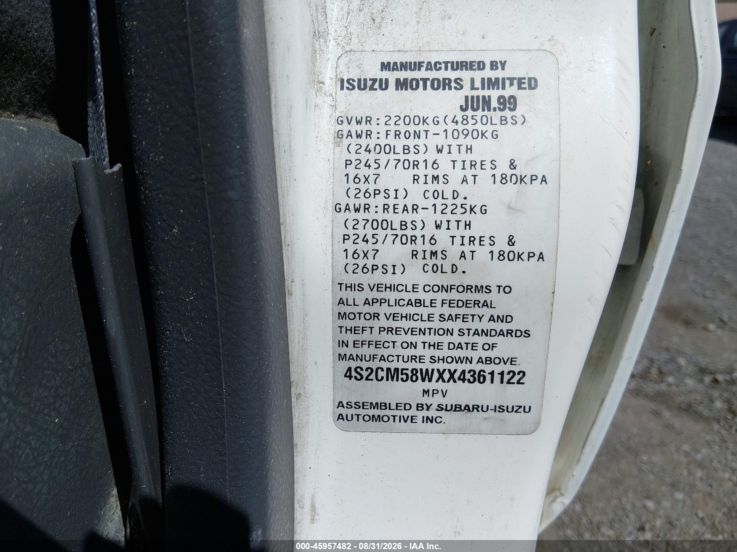 1999 Isuzu Rodeo Ls/lse/s White vin: 4S2CM58WXX4361122