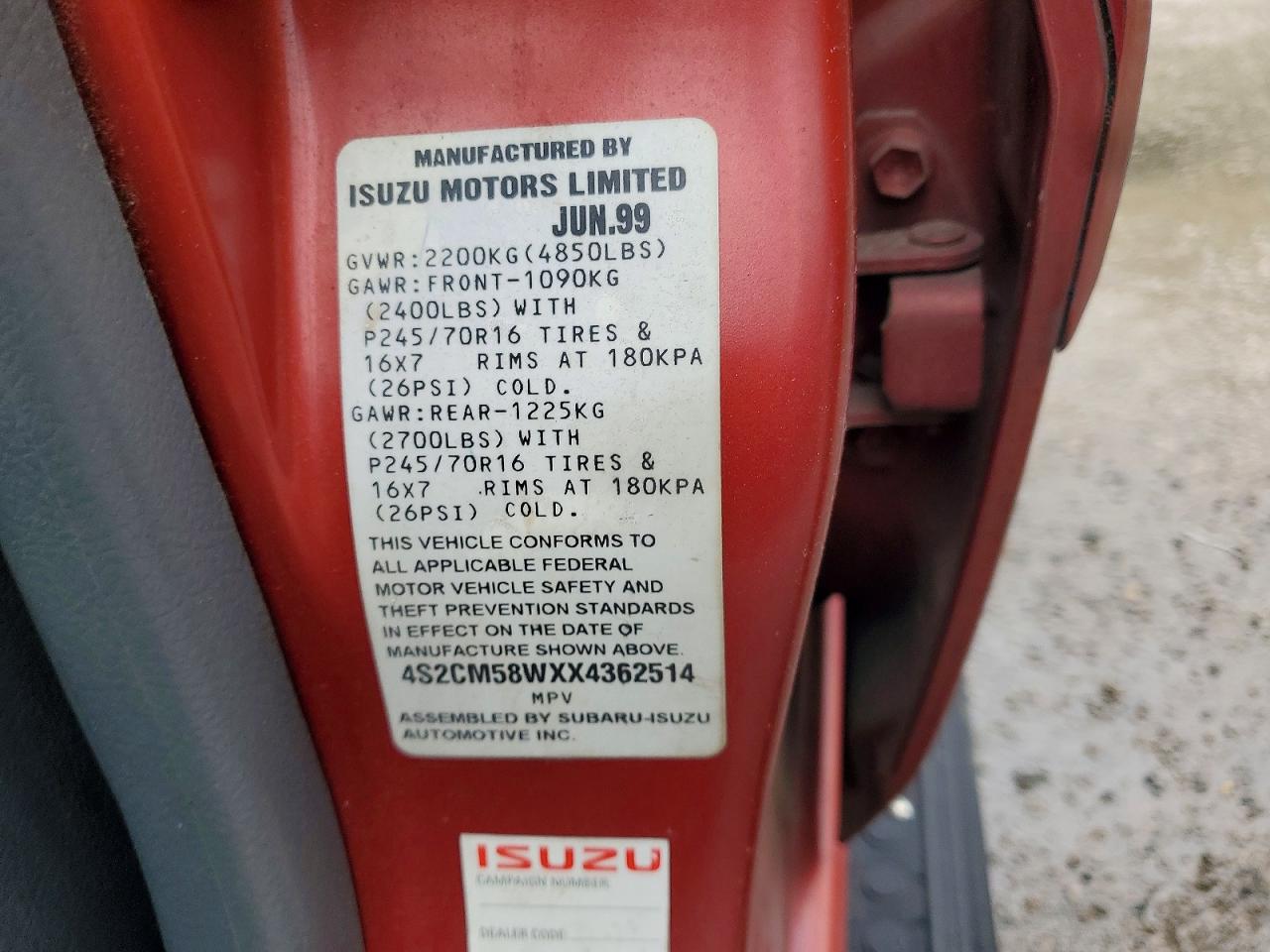 1999 Isuzu Rodeo Red vin: 4S2CM58WXX4362514