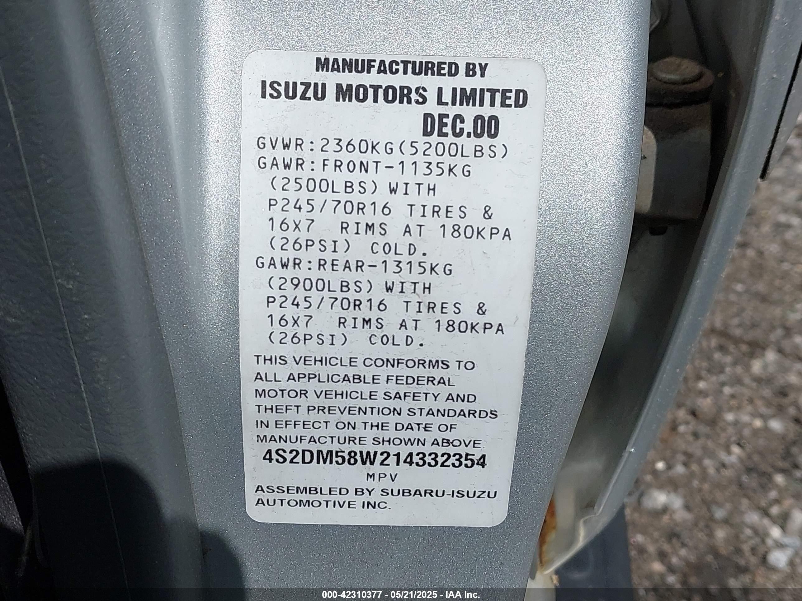 2001 Isuzu Rodeo Ls 3.2l/ls 3.2l V6/lse 3.2l V6/s/s 3.2l V6 Серебряный vin: 4S2DM58W214332354