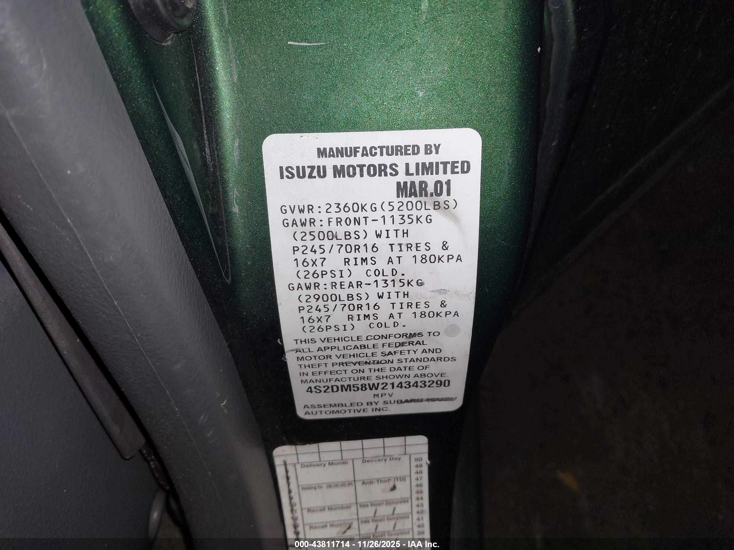 2001 Isuzu Rodeo Ls 3.2l/ls 3.2l V6/lse 3.2l V6/s/s 3.2l V6 Green vin: 4S2DM58W214343290