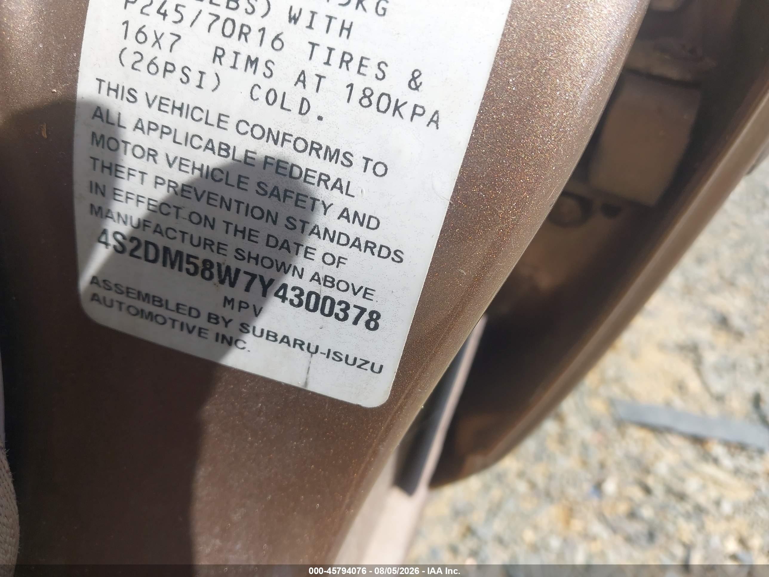 2000 Isuzu Rodeo Ls/lse/s Beige vin: 4S2DM58W7Y4300378