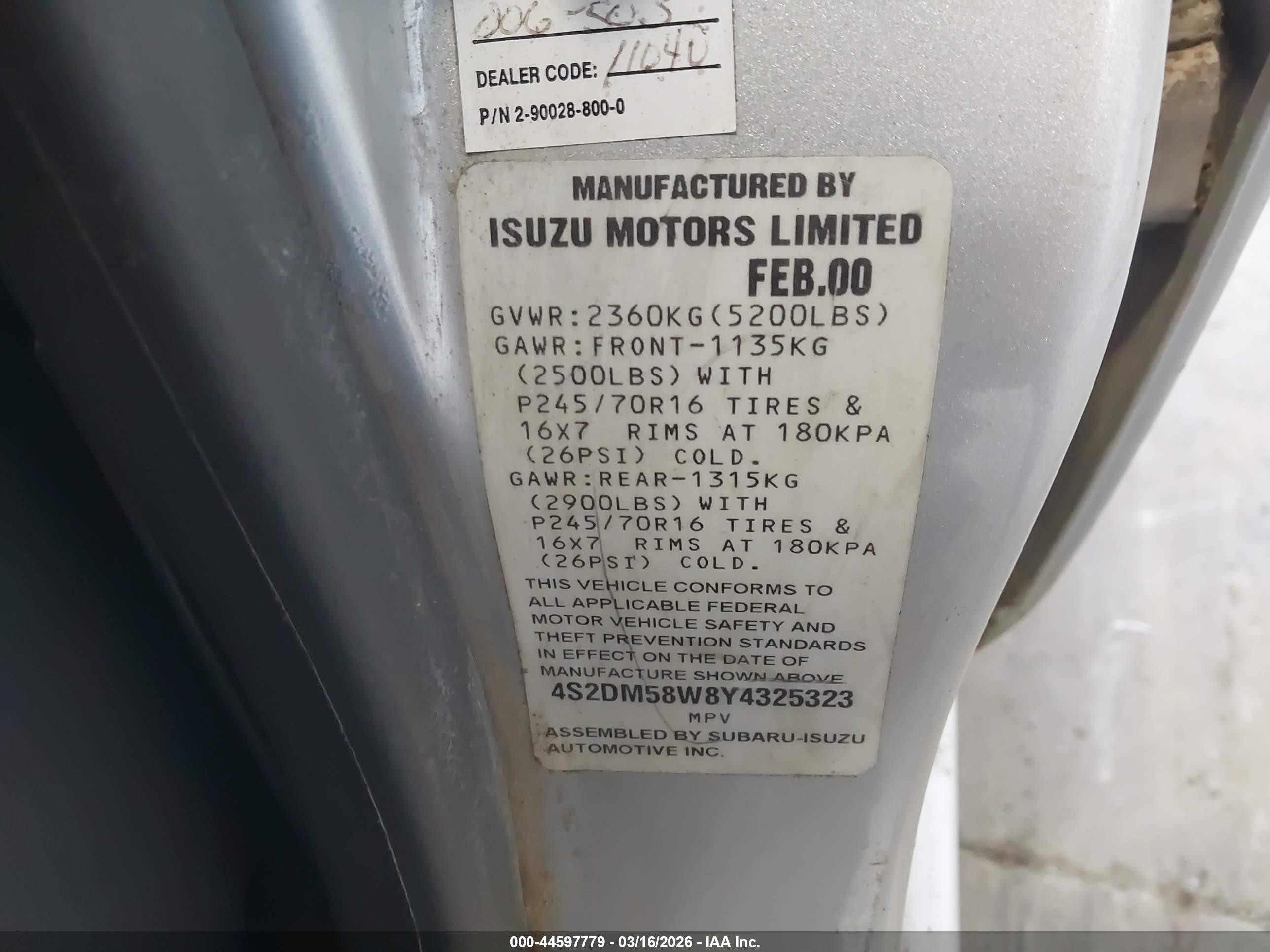 2000 Isuzu Rodeo Ls/lse/s Silver vin: 4S2DM58W8Y4325323