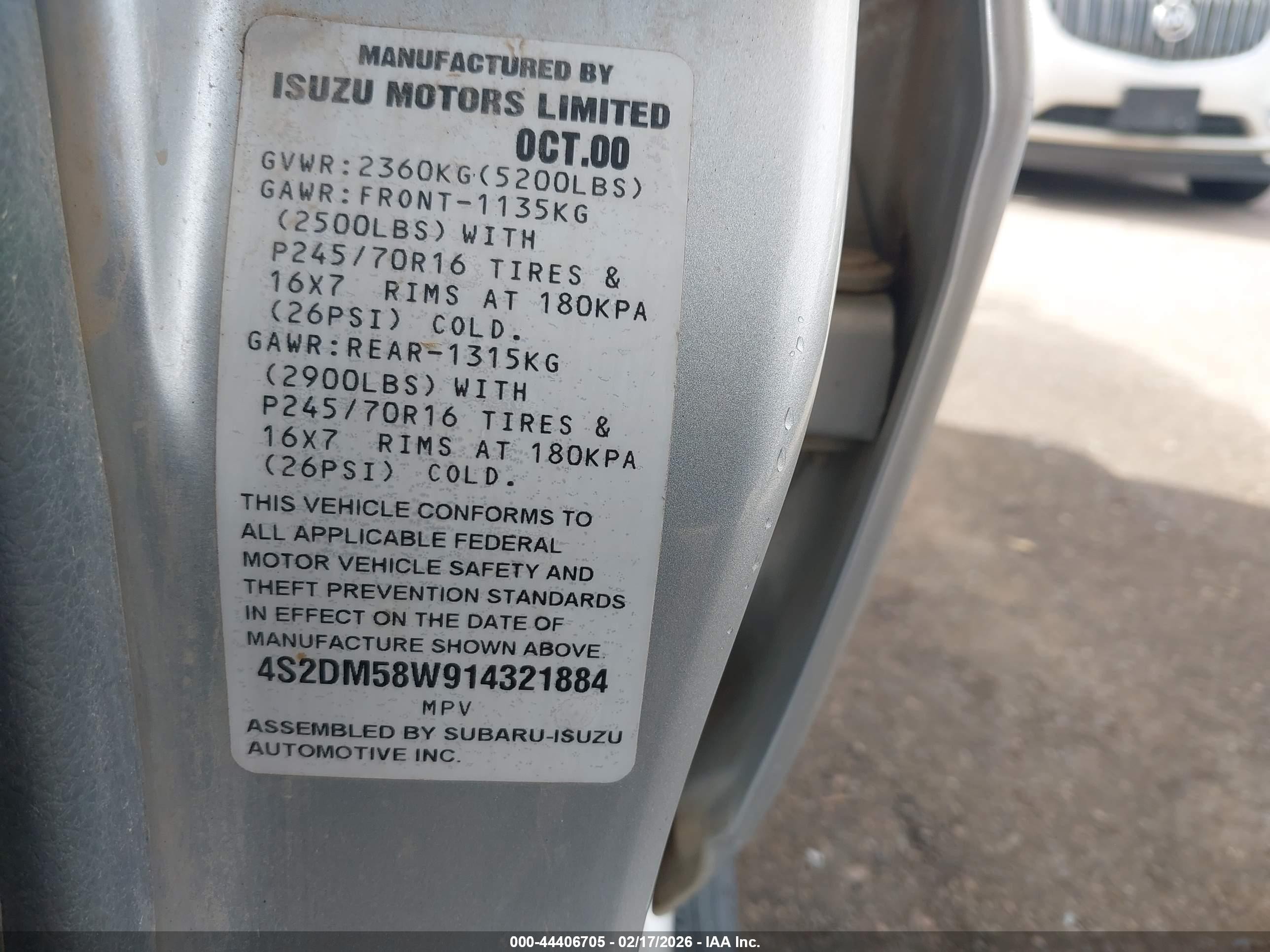 2001 Isuzu Rodeo Ls 3.2l/ls 3.2l V6/lse 3.2l V6/s/s 3.2l V6 Silver vin: 4S2DM58W914321884