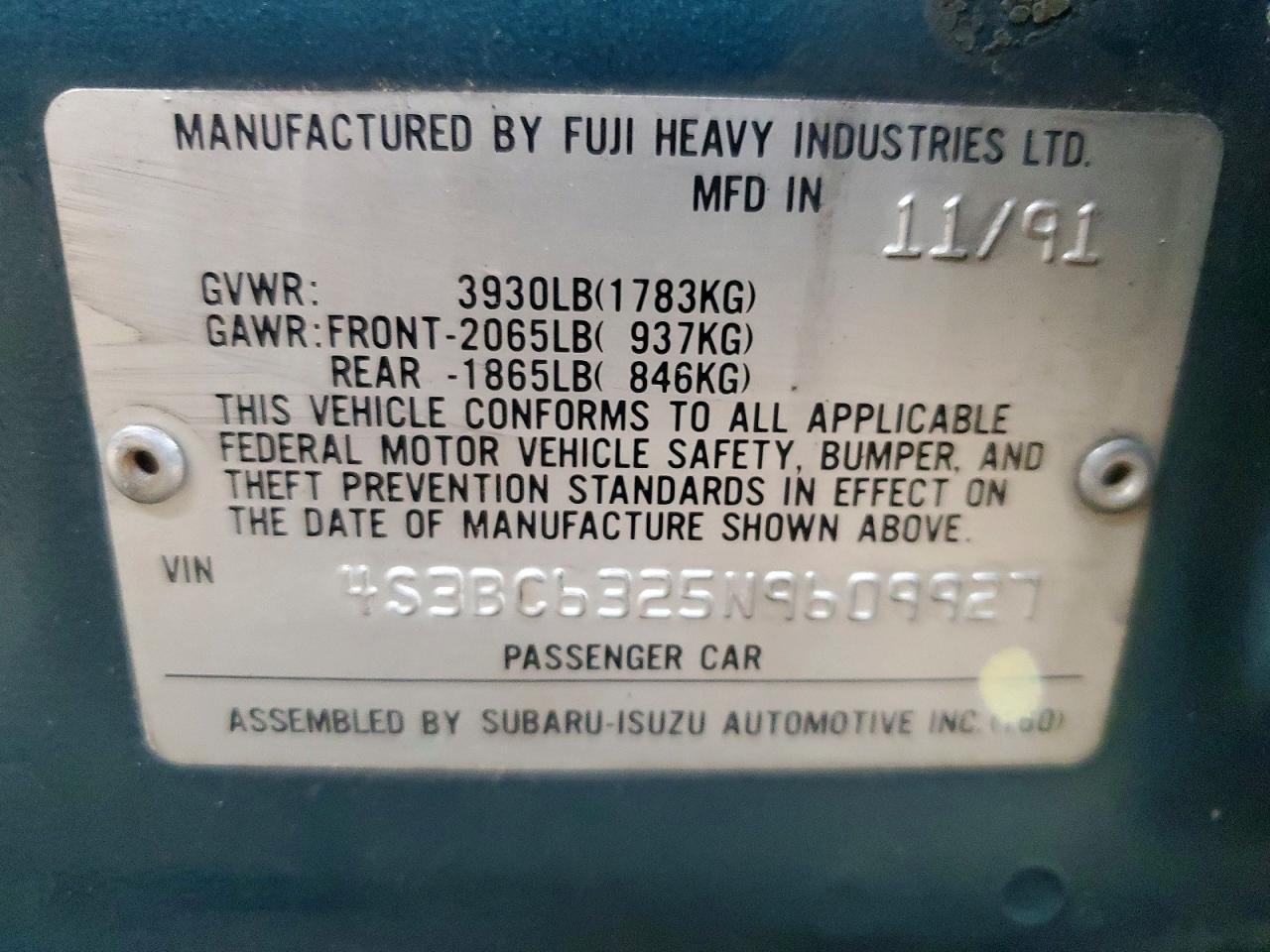 1992 Subaru Legacy L Teal vin: 4S3BC6325N9609927