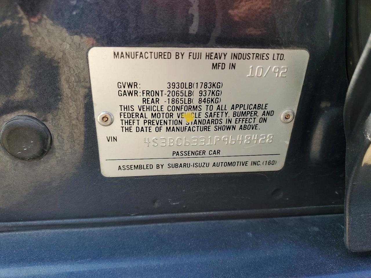 1993 Subaru Legacy L Blue vin: 4S3BC6331P9648428