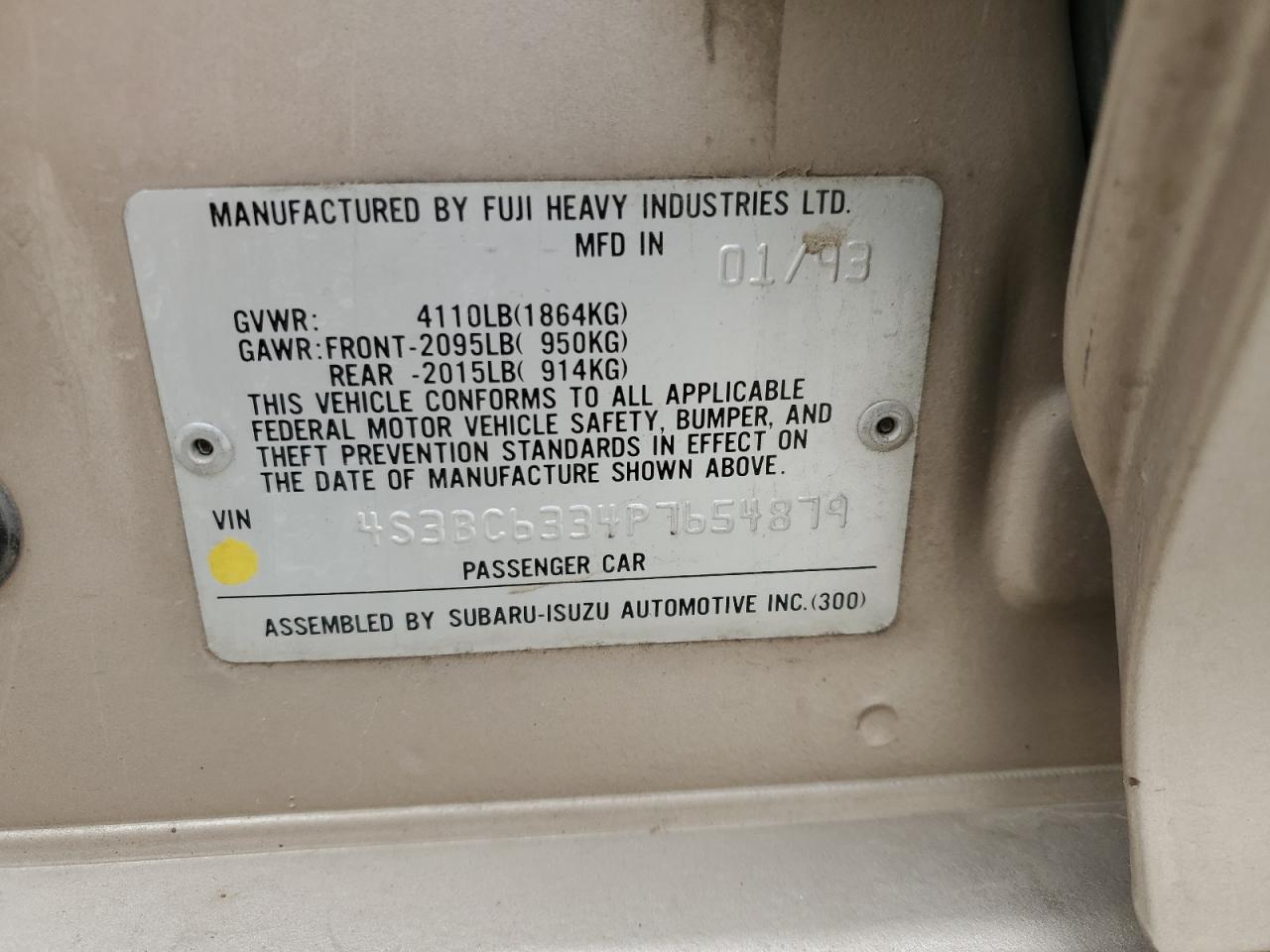 1993 Subaru Legacy L Tan vin: 4S3BC6334P7654879