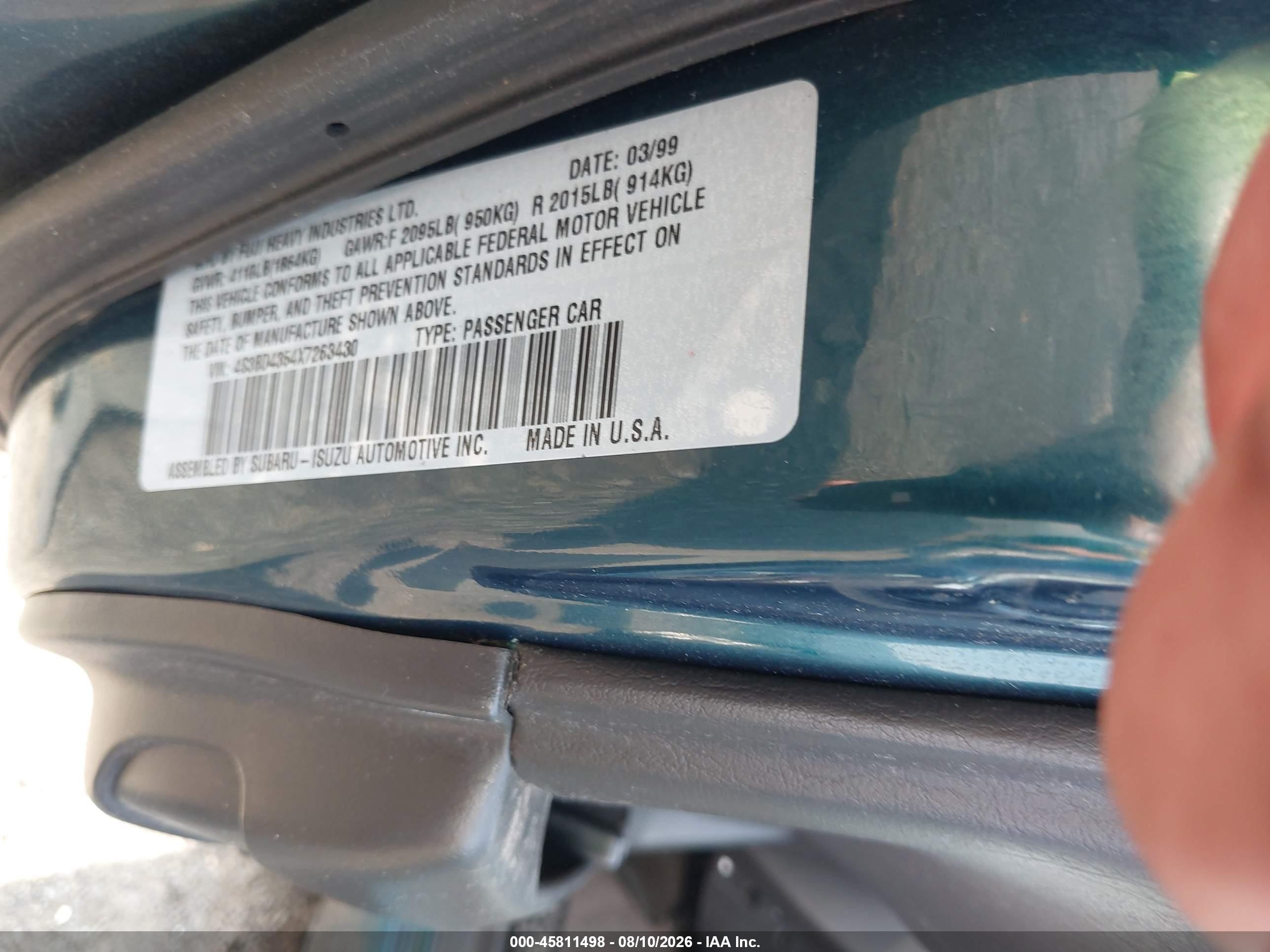 1999 Subaru Legacy 30th Ann. L/l Green vin: 4S3BD4354X7263430