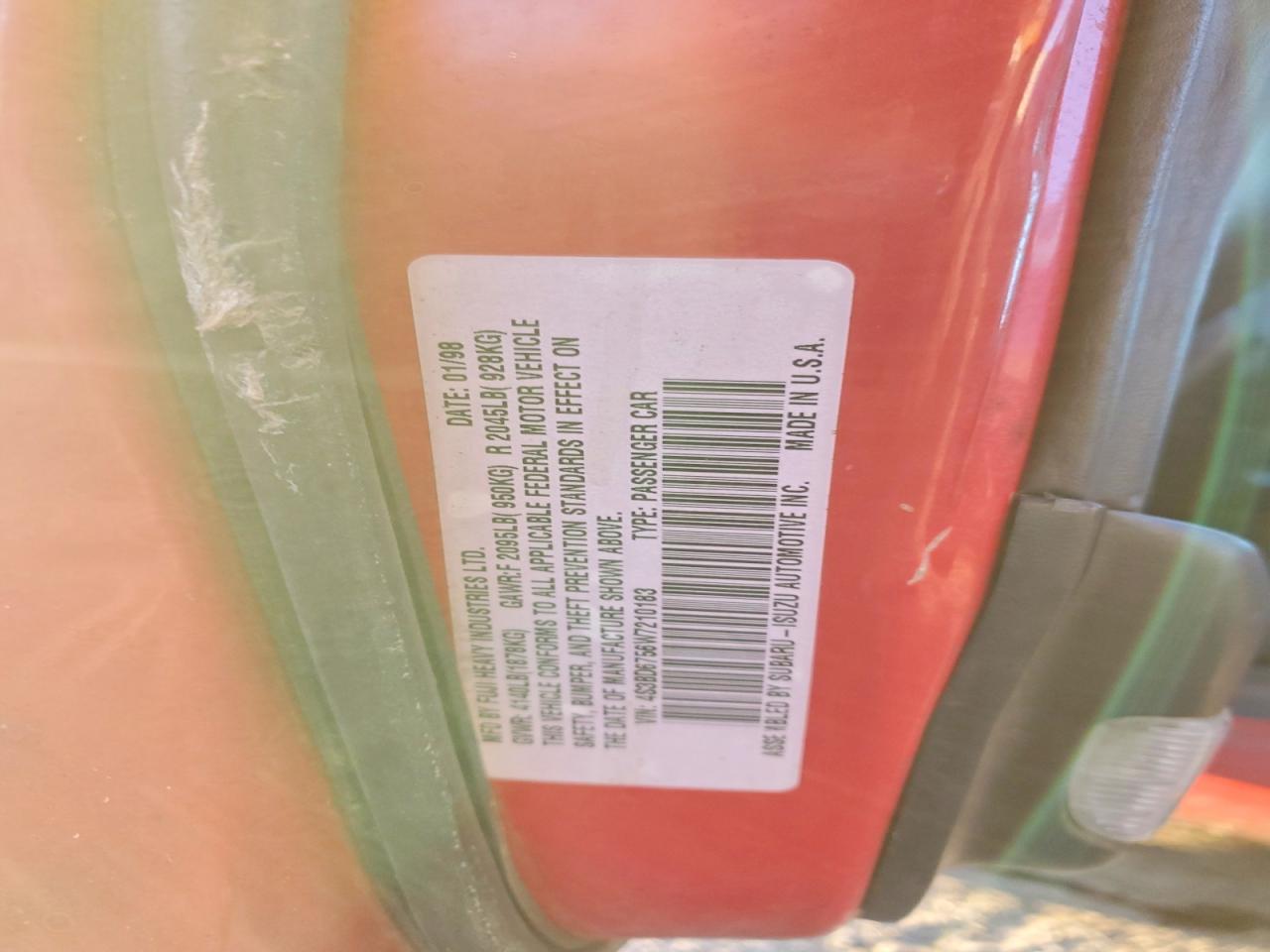 1998 Subaru Legacy Gt Red vin: 4S3BD6756W7210183