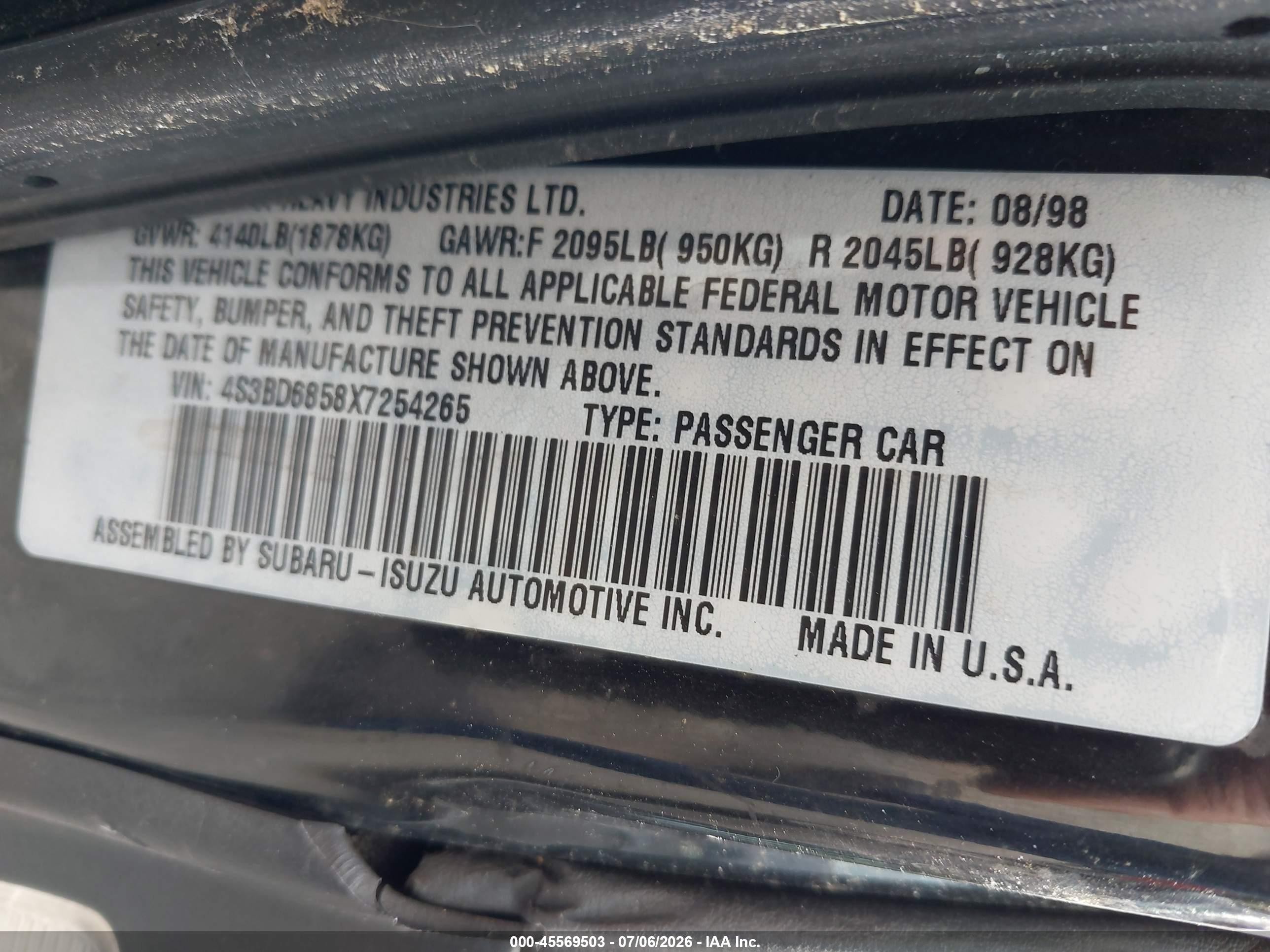 1999 Subaru Legacy 30th Ann. Sus/30th Ann. Sus Ltd. Blue vin: 4S3BD6858X7254265