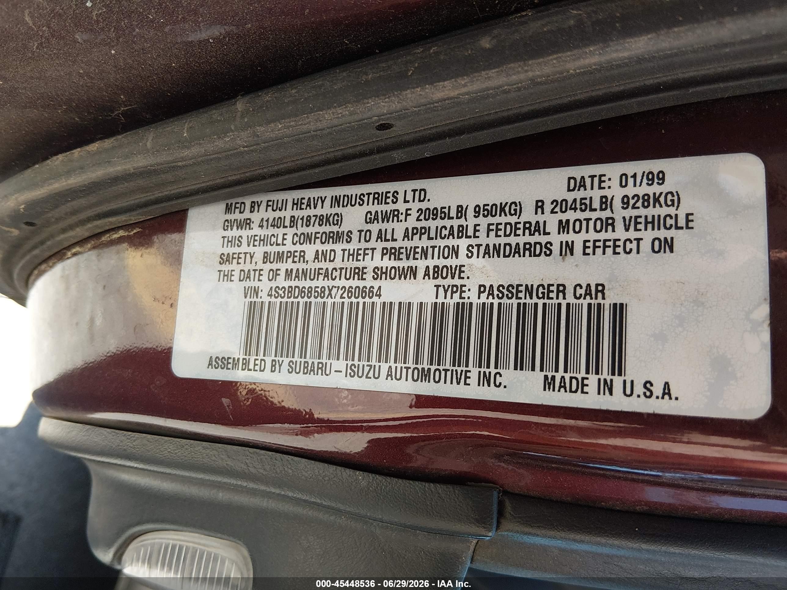 1999 Subaru Legacy 30th Ann. Sus/30th Ann. Sus Ltd. Burgundy vin: 4S3BD6858X7260664