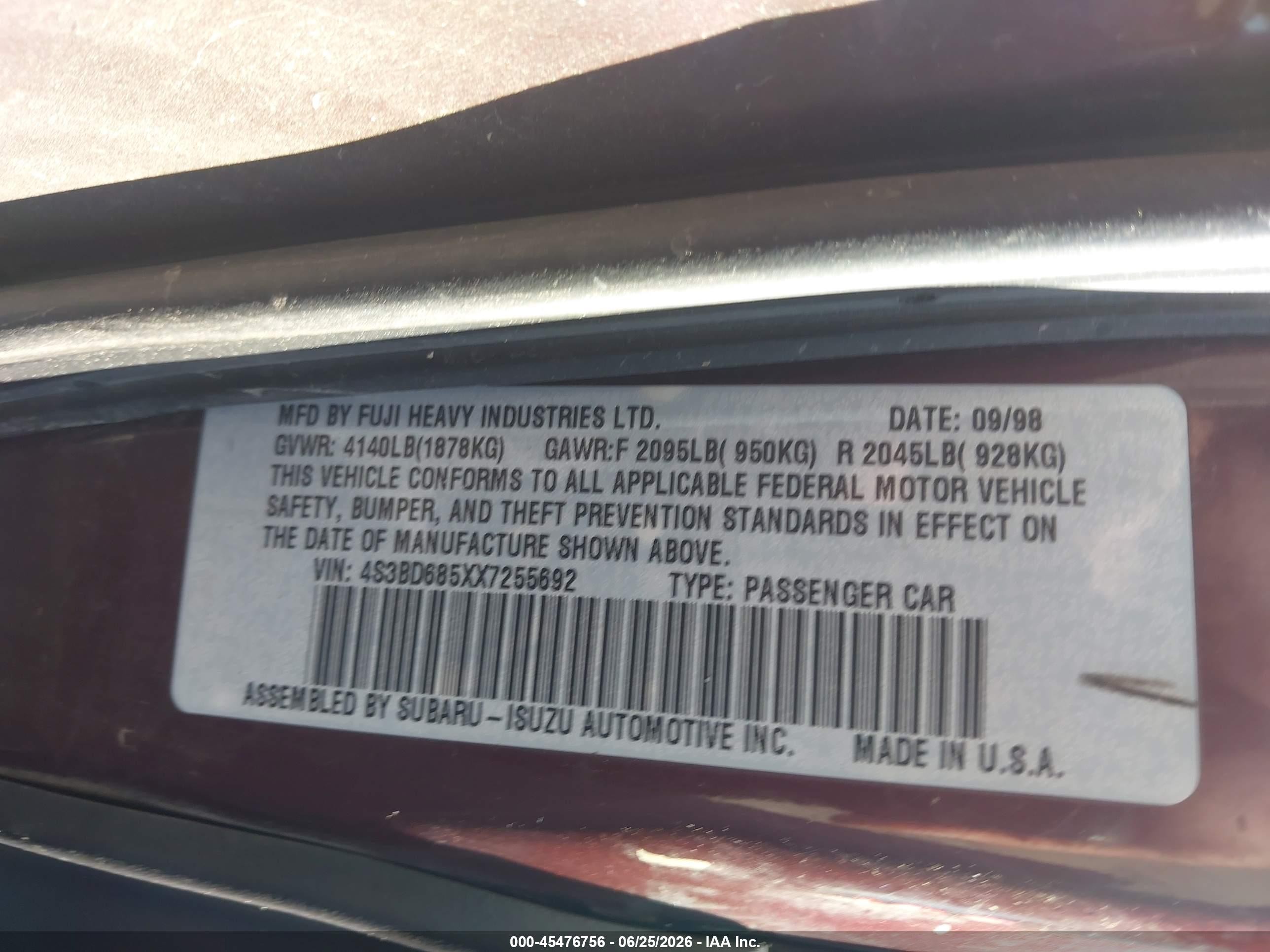 1999 Subaru Legacy 30th Ann. Sus/30th Ann. Sus Ltd. Red vin: 4S3BD685XX7255692