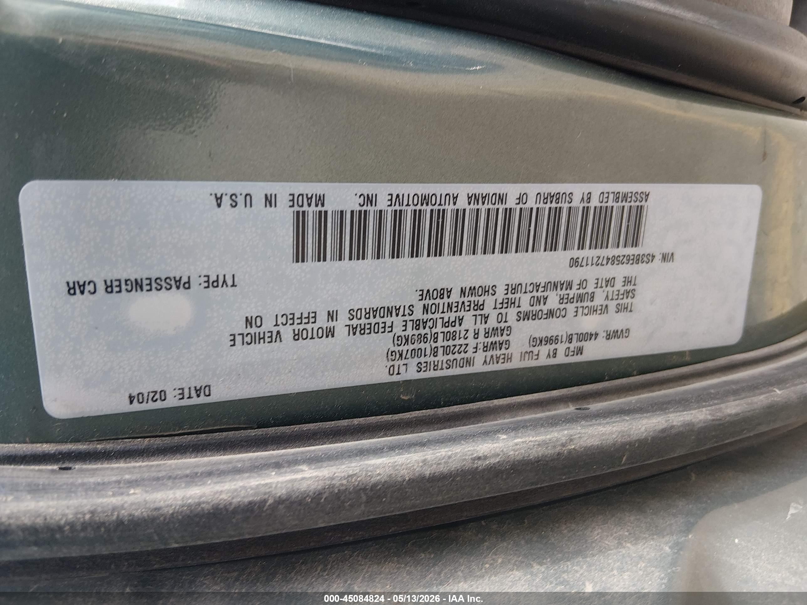 2004 Subaru Legacy L/l W/35th Anniversary Edition Teal vin: 4S3BE625847211790