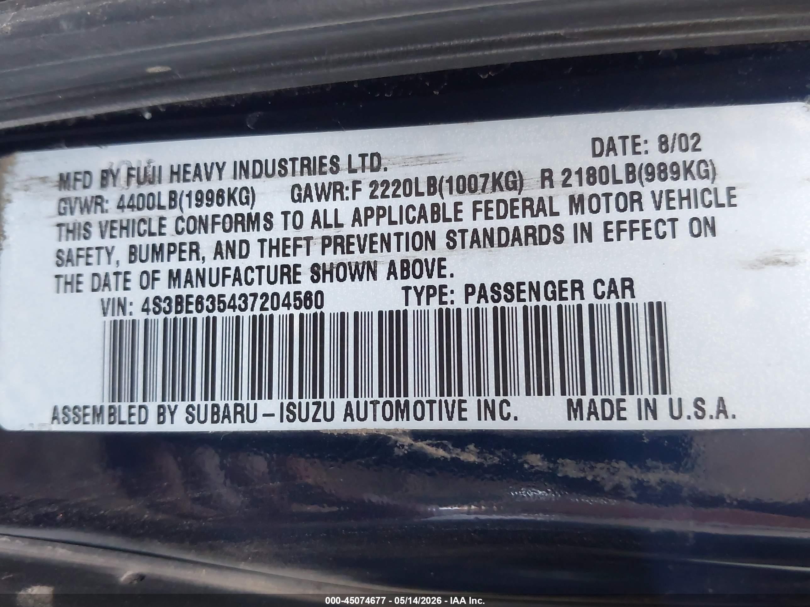 2003 Subaru Legacy L/l W/special Edition Package Blue vin: 4S3BE635437204560