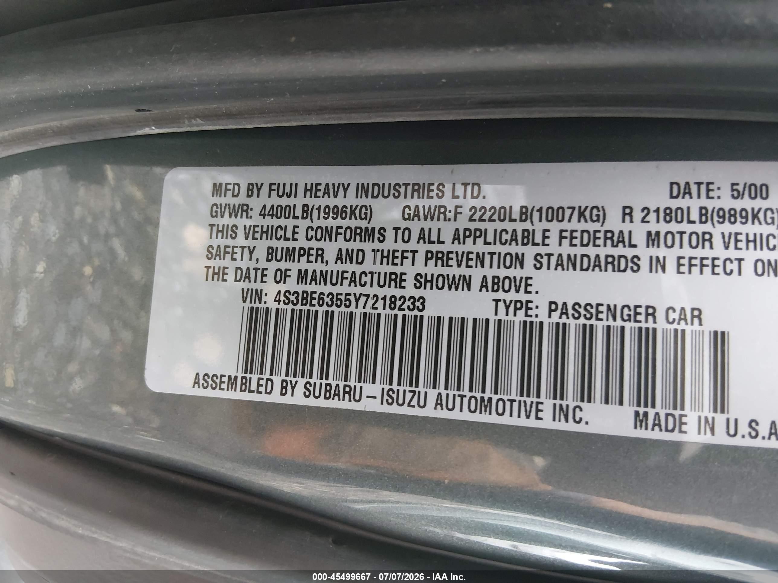 2000 Subaru Legacy L Green vin: 4S3BE6355Y7218233