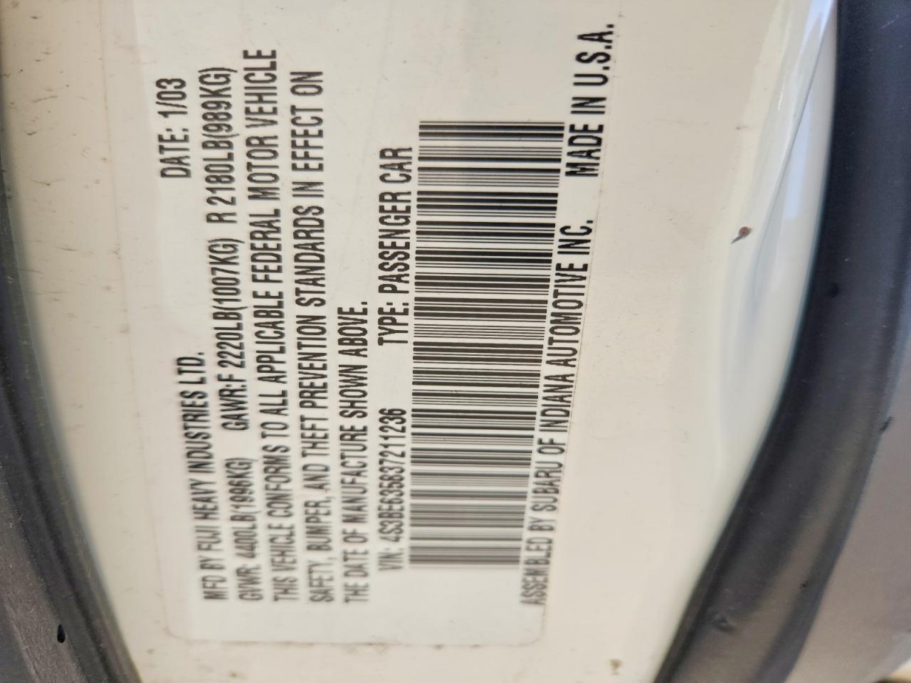 2003 Subaru Legacy L Белый vin: 4S3BE635837211236