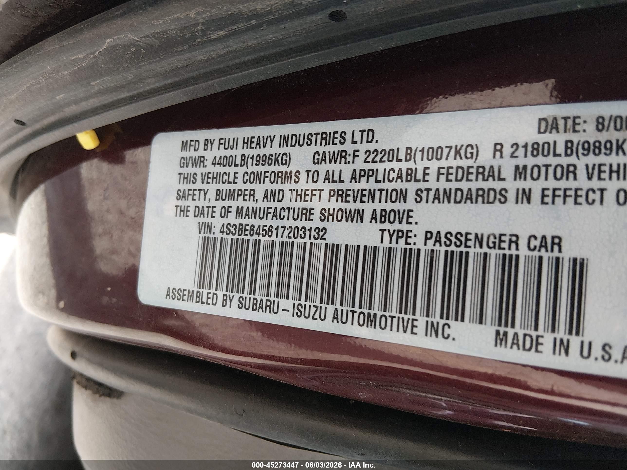 2001 Subaru Legacy Gt Maroon vin: 4S3BE645617203132