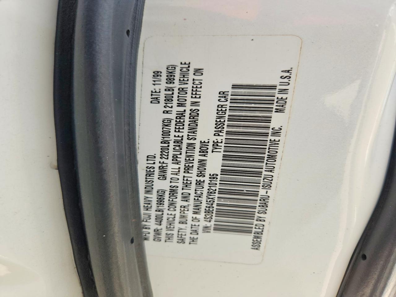2000 Subaru Legacy Gt White vin: 4S3BE645XY6210195
