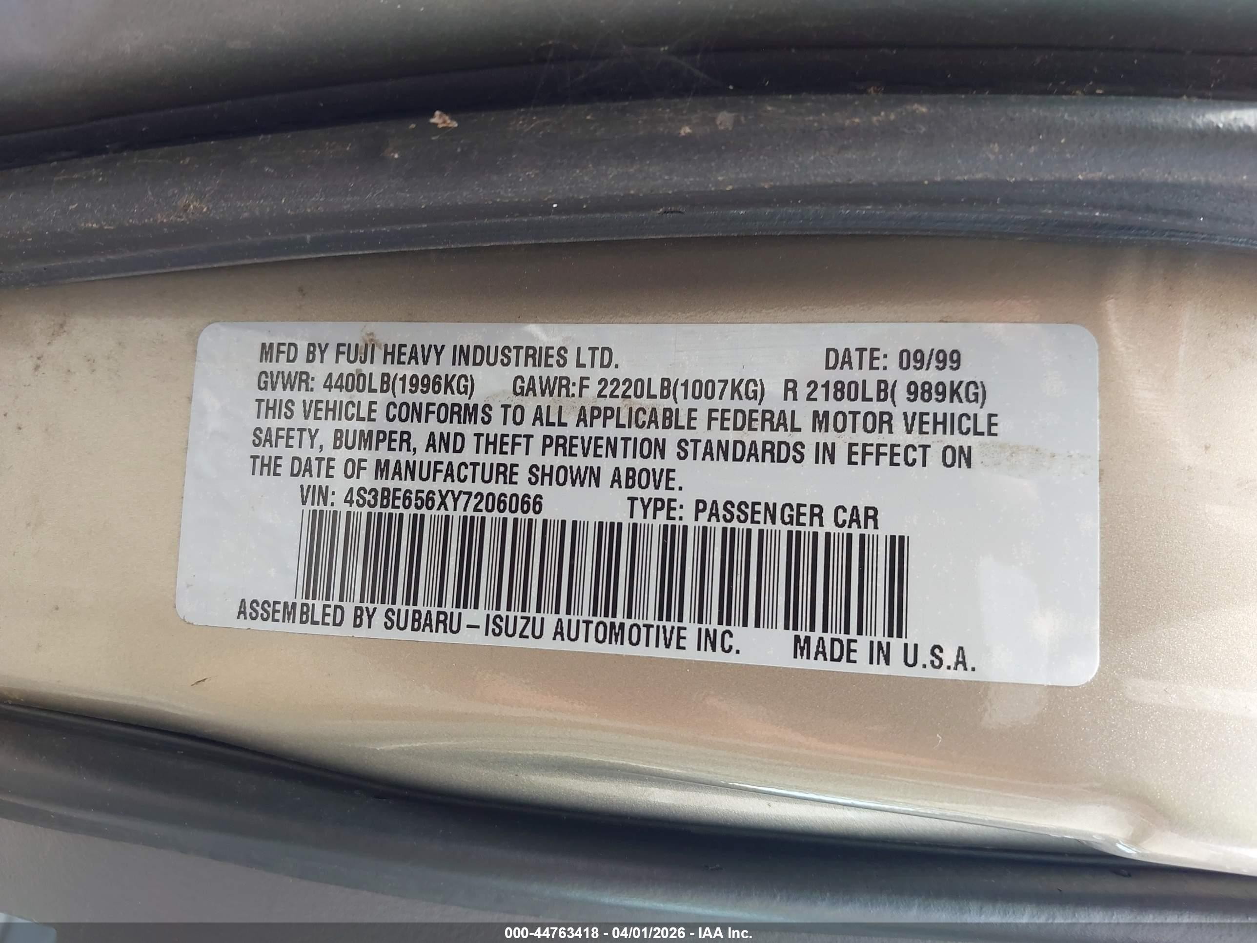 2000 Subaru Legacy Gt Limited Gold vin: 4S3BE656XY7206066