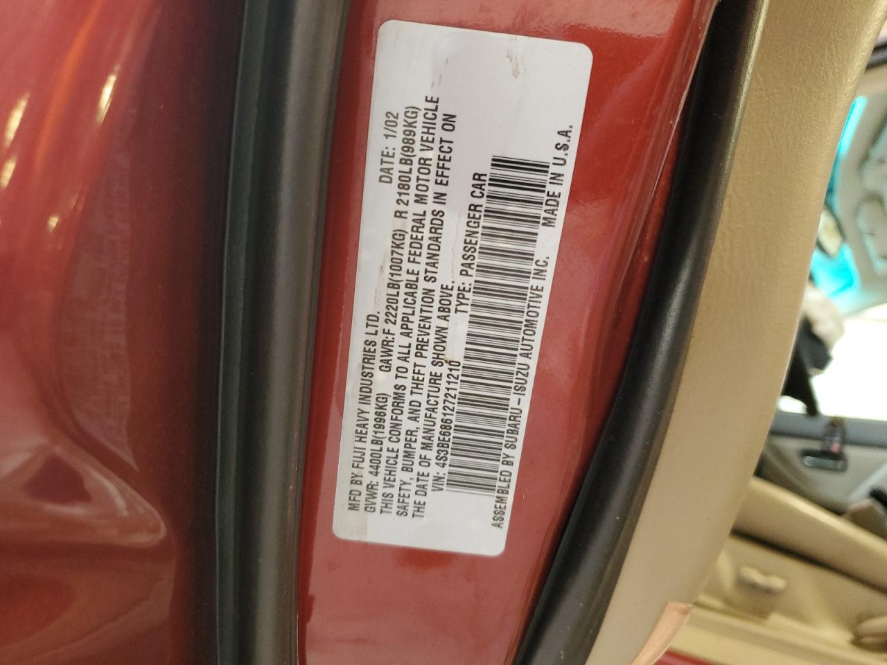 2002 Subaru Legacy Outback Limited Maroon vin: 4S3BE686127211210