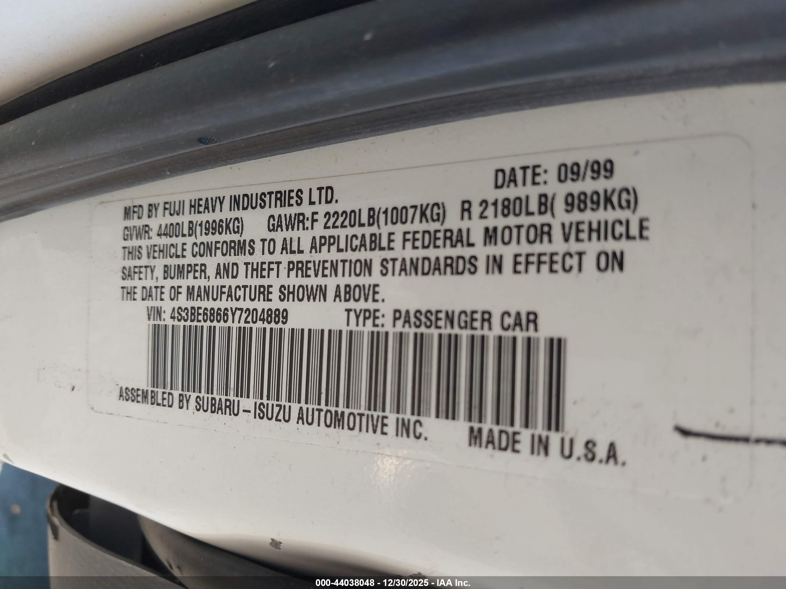 2000 Subaru Outback Limited White vin: 4S3BE6866Y7204889